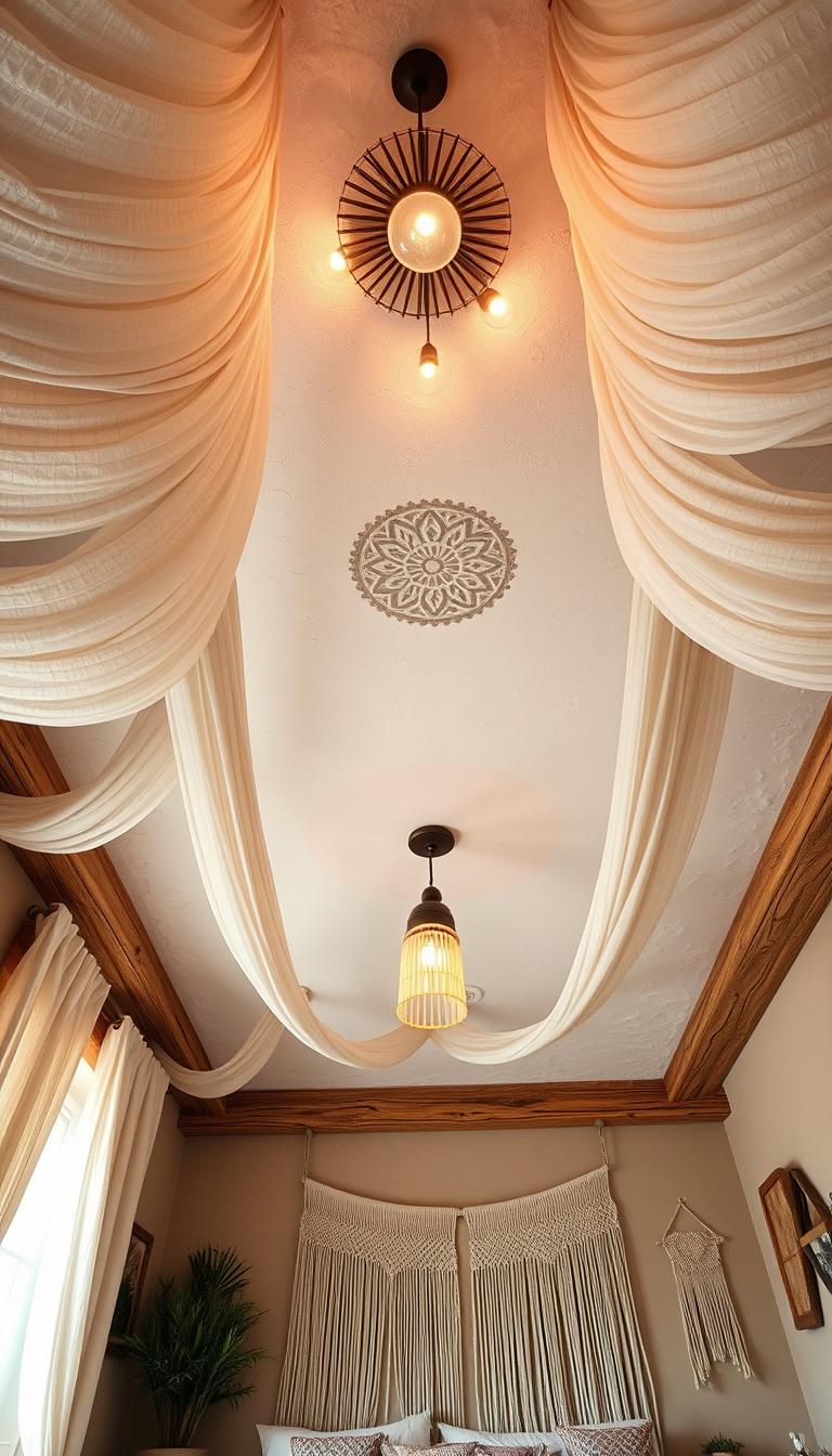 A beautifully designed Boho-style bedroom ceiling, showcasing intricate wooden beams and soft, textured fabric drapes hanging gracefully for a cozy atmosphere. The foreground features a close-up of the textured ceiling, highlighting decorative patterns and light fixtures with warm, inviting lighting. In the middle, a painted ceiling adorned with soft pastel colors blends seamlessly with natural materials, creating a calming oasis feel. The background includes subtle wall elements, with hints of macramé and earthy tones, enhancing the Bohemian aesthetic. Wide-angle perspective to capture the spaciousness, with soft natural light filtering in through a window, casting gentle shadows that further enhance the soothing mood and inviting ambiance of the room. A beautifully designed Boho-style bedroom ceiling, showcasing intricate wooden beams and soft, textured fabric drapes hanging gracefully for a cozy atmosphere. The foreground features a close-up of the textured ceiling, highlighting decorative patterns and light fixtures with warm, inviting lighting. In the middle, a painted ceiling adorned with soft pastel colors blends seamlessly with natural materials, creating a calming oasis feel. The background includes subtle wall elements, with hints of macramé and earthy tones, enhancing the Bohemian aesthetic. Wide-angle perspective to capture the spaciousness, with soft natural light filtering in through a window, casting gentle shadows that further enhance the soothing mood and inviting ambiance of the room.