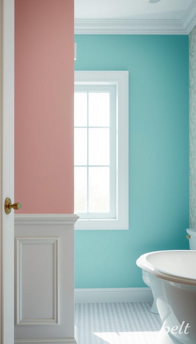 A beautifully designed bathroom featuring a colorful wall, showcasing a harmonious blend of pastel hues like soft turquoise, blush pink, and gentle lavender. In the foreground, a section of the wall is accented with elegant wainscoting painted in a crisp white finish, adding texture and depth. The middle ground reveals a stylish wallpaper with a delicate floral pattern that complements the wall colors, enhancing the layered look. The background, softly illuminated by natural light streaming through a frosted window, creates a warm and inviting atmosphere. The scene is captured from a slightly angled perspective, with a wide lens that brings out the details and vibrancy of the colors, evoking a fresh and uplifting mood perfect for a modern bath space.