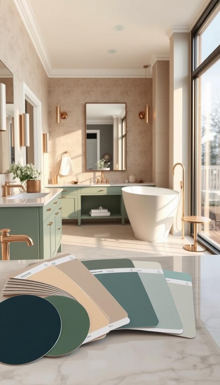 A beautifully designed bathroom featuring a range of designer-approved paint colors. In the foreground, showcase elegant paint swatches in various hues such as soft blues, calming greens, and warm neutrals, arranged artfully on a stylish bathroom countertop. The middle of the image reveals a modern bathroom with sleek fixtures, a chic freestanding bathtub, and a large mirror reflecting the soothing color palette. The background features a large window allowing natural light to illuminate the space, creating a bright and inviting atmosphere. Use a warm, soft lighting to enhance the mood, and capture the scene with a slightly elevated angle to provide a clear view of the color dynamics, emphasizing a sophisticated yet cozy design. The image should be photorealistic and high definition.
