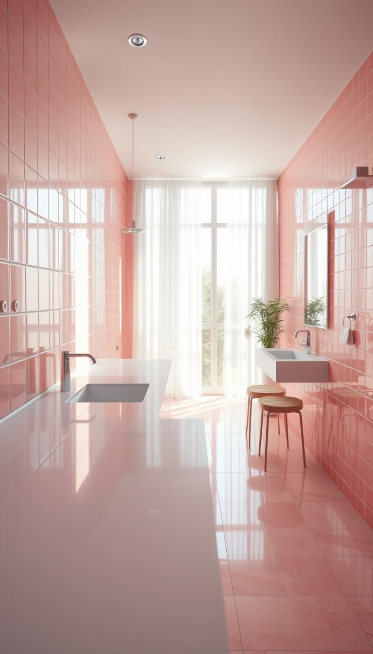 A beautifully designed bathroom featuring an array of pink tiles ranging from soft blush to bold rose. In the foreground, the focus is on a glossy pink tile backsplash above a sleek white vanity adorned with silver fixtures. The middle ground captures a full view of the bathroom, showcasing a spacious, airy layout with large pink floor tiles reflecting soft, natural light. The background reveals a large window framed by sheer curtains, allowing sunlight to flood the room, enhancing the warm and inviting atmosphere. The overall mood is serene and chic, with a modern aesthetic that highlights the versatility of pink bathroom tiles. Use photorealistic rendering with high definition to emphasize texture and detail.