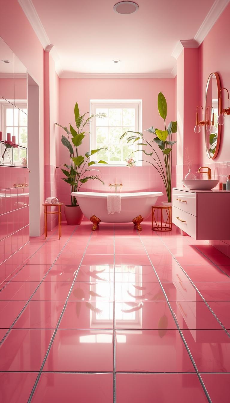 A beautifully designed bathroom featuring striking pink statement tiles underfoot, arranged in a bold geometric pattern. In the foreground, capture the intricate details of the glossy pink tiles, reflecting soft ambient light. The middle ground showcases elegant bathroom fixtures, such as a modern freestanding bathtub and stylish sink, complementing the pink theme with subtle gold accents. In the background, a window lets in natural light, illuminating pastel-pink walls and lush green plants, creating a serene and inviting atmosphere. The overall mood is calm and rejuvenating, perfect for a relaxing retreat. Use a wide-angle lens to emphasize the spaciousness, with soft diffused lighting to enhance the warmth and tranquility of the scene. A beautifully designed bathroom featuring striking pink statement tiles underfoot, arranged in a bold geometric pattern. In the foreground, capture the intricate details of the glossy pink tiles, reflecting soft ambient light. The middle ground showcases elegant bathroom fixtures, such as a modern freestanding bathtub and stylish sink, complementing the pink theme with subtle gold accents. In the background, a window lets in natural light, illuminating pastel-pink walls and lush green plants, creating a serene and inviting atmosphere. The overall mood is calm and rejuvenating, perfect for a relaxing retreat. Use a wide-angle lens to emphasize the spaciousness, with soft diffused lighting to enhance the warmth and tranquility of the scene.
