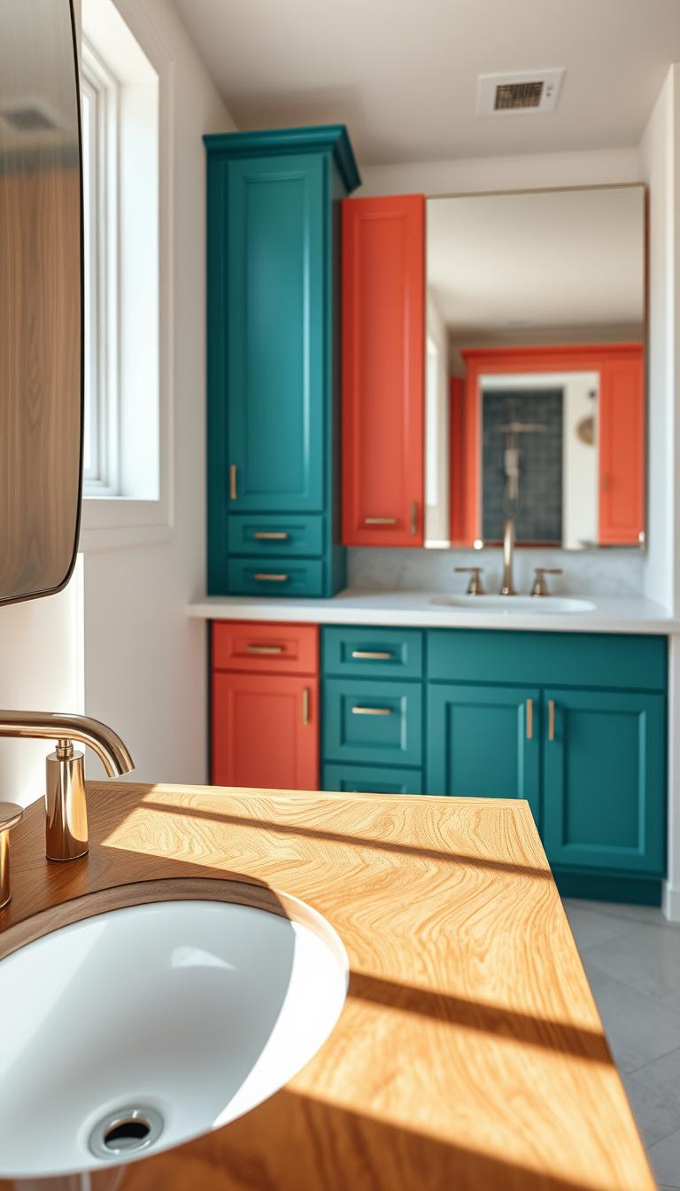 A beautifully designed bathroom vanity, showcasing a blend of wood, marble, and painted finishes. In the foreground, a striking wooden vanity with intricate grain patterns flanks a sleek white marble sink, reflecting soft, diffused light. The middle section features vibrant painted cabinets, harmonizing hues of teal and coral that evoke a lively atmosphere. The background includes polished mirrors and stylish fixtures, creating depth and a sense of luxury. Natural light streams in from a nearby window, casting a warm glow across the scene. The photo is taken from a slight downward angle, emphasizing the vanity's elegance. The overall mood is fresh and inviting, perfect for a colorful bathroom aesthetic.