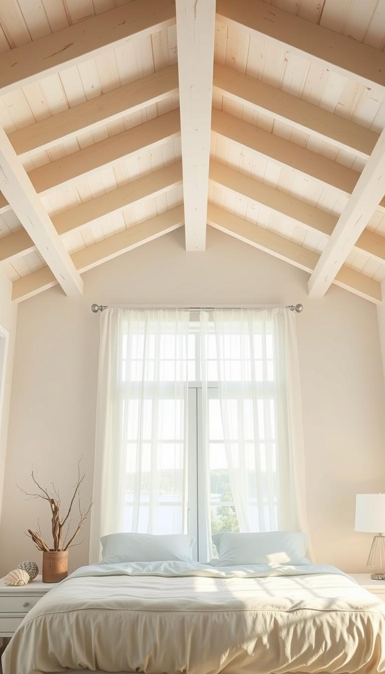 A beautifully designed beach-style bedroom showcasing a stunning ceiling accent. In the foreground, soft white wooden beams stretch across the ceiling, creating a relaxed coastal vibe. The walls are adorned with soft, sandy beige paint, complemented by light blue accents, reflecting the colors of the beach. In the middle ground, a large window allows natural sunlight to flood the room, casting a warm glow that enhances the tranquil atmosphere. Delicate sheer curtains flutter gently in the breeze. In the background, subtle seaside decor like seashells and driftwood are tastefully arranged, fostering a calming retreat feel. The overall lighting is bright yet soft, capturing the essence of a peaceful seaside escape. The image should be photorealistic with high definition, focusing on texture and detail to evoke serenity and comfort. A beautifully designed beach-style bedroom showcasing a stunning ceiling accent. In the foreground, soft white wooden beams stretch across the ceiling, creating a relaxed coastal vibe. The walls are adorned with soft, sandy beige paint, complemented by light blue accents, reflecting the colors of the beach. In the middle ground, a large window allows natural sunlight to flood the room, casting a warm glow that enhances the tranquil atmosphere. Delicate sheer curtains flutter gently in the breeze. In the background, subtle seaside decor like seashells and driftwood are tastefully arranged, fostering a calming retreat feel. The overall lighting is bright yet soft, capturing the essence of a peaceful seaside escape. The image should be photorealistic with high definition, focusing on texture and detail to evoke serenity and comfort.