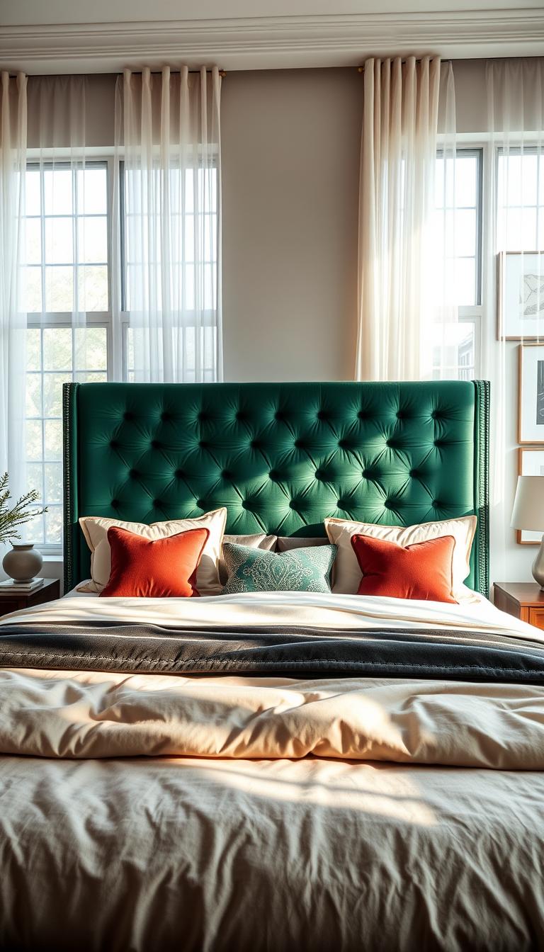 A beautifully designed bed with a large, upholstered headboard takes center stage in an inviting bedroom. The headboard features a tufted velvet texture in a deep emerald green, exuding luxury and sophistication. Soft, diffused natural light filters in through large windows with sheer white curtains, creating a warm and airy atmosphere. The foreground showcases plush bedding in coordinating tones, while decorative pillows add a splash of vibrant color. In the middle ground, a stylish nightstand topped with a minimalist lamp complements the bed, grounding the scene. The background reveals a tastefully arranged gallery wall with framed art, enhancing the room's character. The overall mood is serene and elegant, ideal for a sanctuary that invites relaxation and comfort.