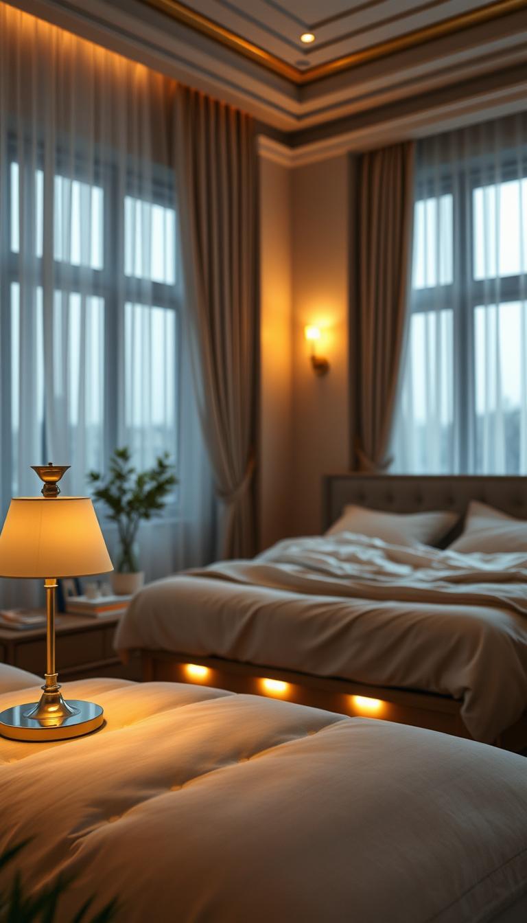 A beautifully designed bedroom captured in photorealistic detail, emphasizing layered lighting to create a tranquil atmosphere. In the foreground, a stylish bedside table tops with a softly glowing lamp and a few decorative items, adding a cozy touch. The middle ground features a plush bed with layered bedding in gentle, calming colors, surrounded by subtle ambient lights hidden within the headboard. In the background, large windows draped in sheer curtains allow soft, natural light to fill the room, while the warm glow of wall sconces complements the overall design. The scene conveys peace and relaxation, inviting the viewer to imagine a serene sanctuary ideal for restful sleep. The angle is slightly elevated, capturing the entire composition, with a focus on the interplay of light and shadow.
