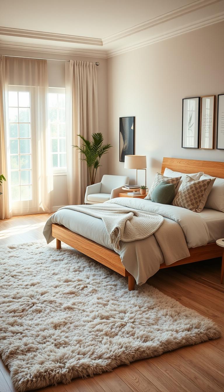 A beautifully designed bedroom that showcases a balanced layout and harmonious flow. In the foreground, a plush area rug in soft pastels lies beneath a stylish wooden bed adorned with layered linens and decorative throw pillows. The middle ground features a minimalist nightstand with a modern lamp and a small potted plant, while an elegant armchair frames the corner near a large window that floods the room with warm, natural light. In the background, calming wall colors and art pieces complement the layout, creating a serene atmosphere. The overall mood is inviting, showcasing thoughtful arrangement that balances aesthetics and functionality. The image should capture the essence of a peaceful sanctuary, with a focus on photorealistic details and high definition, shot from a slightly elevated angle to emphasize the flow around the room.