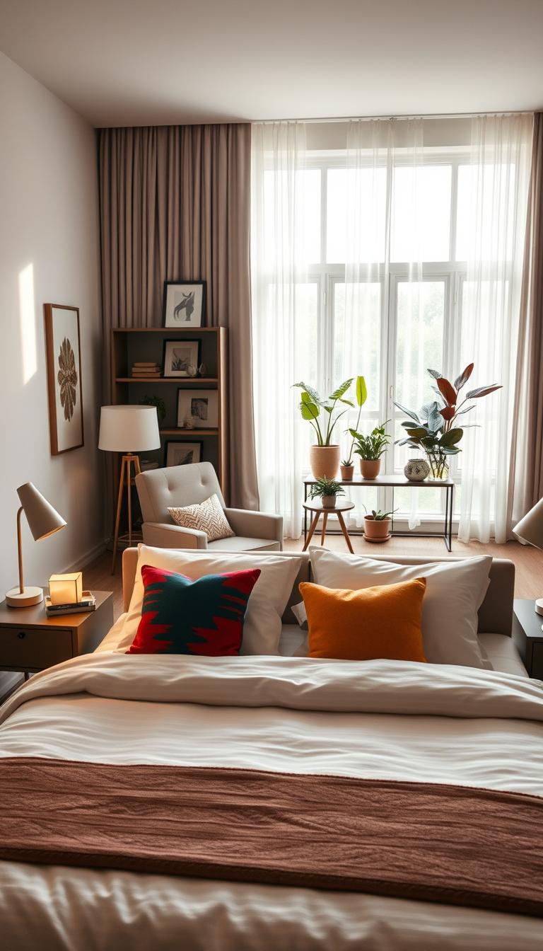 A beautifully designed bedroom that showcases a blend of minimal and maximalist styles. In the foreground, a neatly made bed with plush bedding and colorful throw pillows, surrounded by stylish bedside tables featuring modern lamps. In the middle ground, a cozy reading nook with an elegant armchair and a small bookshelf, filled with artful decor and potted plants. The background features a large window allowing natural light to stream in, with sheer curtains gently fluttering. Soft, ambient lighting creates a warm and inviting atmosphere. The overall color palette incorporates earthy tones and vibrant accents, reflecting a harmonious balance between simplicity and boldness. Capture this scene in high-definition with a wide-angle lens, focusing on the intricate details of the decor to inspire viewers.
