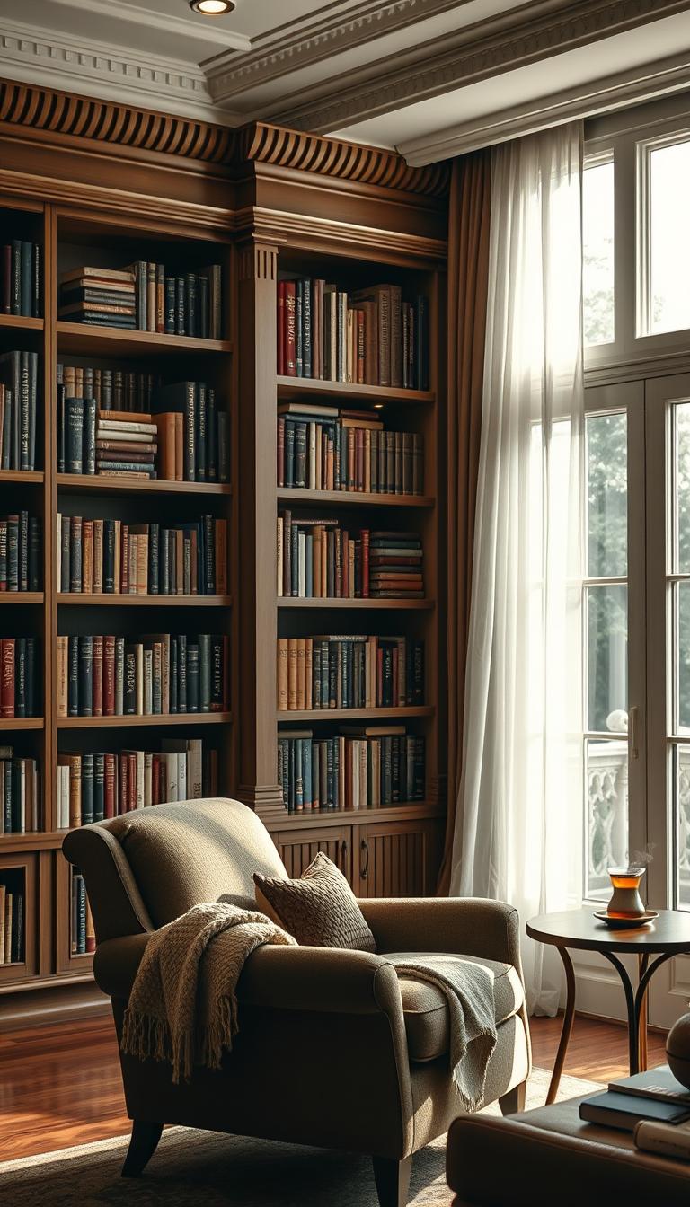 A beautifully designed built-in bookcase occupies the entire wall of a cozy home library, showcasing a variety of books arranged in both horizontal and vertical stacks. The bookcase features ornate crown molding and integrated lighting that softly illuminates the books, creating a warm ambiance. In the foreground, a plush reading chair with a soft throw blanket sits invitingly beside a small side table holding a steaming cup of tea. In the background, large windows allow natural light to filter through sheer curtains, highlighting the rich wooden tones of the furniture. The warm color palette of earthy tones and deep greens evokes a tranquil atmosphere, perfect for book lovers. The photorealistic image captures every detail crisply, enhancing the inviting feel of this personalized reading sanctuary. A beautifully designed built-in bookcase occupies the entire wall of a cozy home library, showcasing a variety of books arranged in both horizontal and vertical stacks. The bookcase features ornate crown molding and integrated lighting that softly illuminates the books, creating a warm ambiance. In the foreground, a plush reading chair with a soft throw blanket sits invitingly beside a small side table holding a steaming cup of tea. In the background, large windows allow natural light to filter through sheer curtains, highlighting the rich wooden tones of the furniture. The warm color palette of earthy tones and deep greens evokes a tranquil atmosphere, perfect for book lovers. The photorealistic image captures every detail crisply, enhancing the inviting feel of this personalized reading sanctuary.