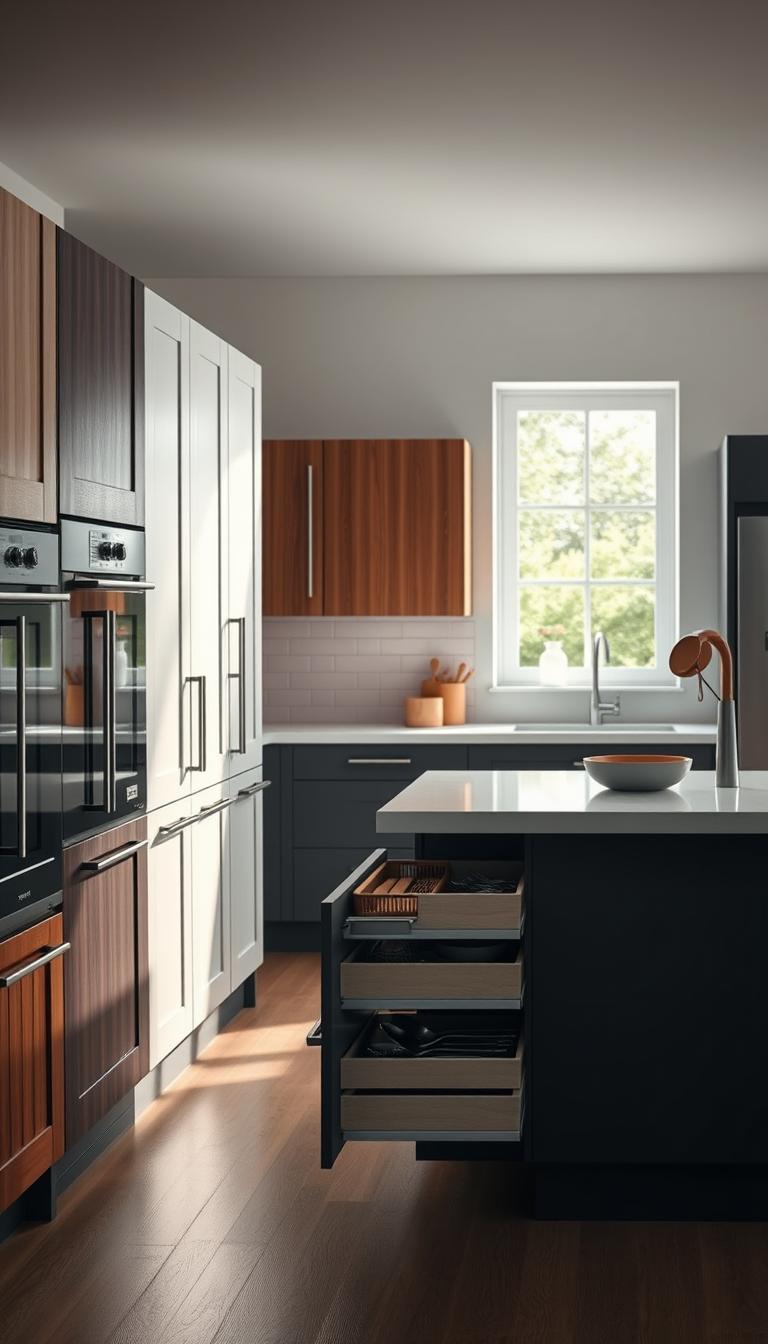 A beautifully designed kitchen featuring an array of modern Ikea cabinet doors and drawers in the foreground, showcasing various styles and finishes. Include sleek wood textures, matte white surfaces, and bold colors, all organized seamlessly. The middle ground displays a stylish kitchen island with open drawers revealing neatly arranged utensils and cookware, emphasizing functionality and everyday use. In the background, soft natural light filters through a window, casting a warm glow over the scene and enhancing the cozy atmosphere. Utilize a slightly elevated angle to capture the elegant details of cabinet hardware and the inviting layout of the kitchen. Aim for a photorealistic image with high definition to highlight the craftsmanship and design essence of Ikea kitchen solutions.