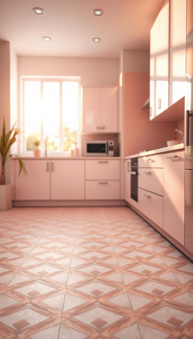 A beautifully designed kitchen featuring calming pink tones and elegant floor tiles. In the foreground, showcase a close-up of intricate tile patterns in soft pastel pinks and whites, arranged in a modern geometric design. In the middle, depict a spacious kitchen equipped with sleek cabinetry and minimalist appliances, all harmonizing with the pink flooring. The background features a sun-drenched window, allowing warm natural light to illuminate the scene, enhancing the inviting atmosphere. Capture the image with a shallow depth of field, focusing on the tiles while softly blurring the kitchen's details to create depth. Aim for a photorealistic style with high definition, evoking a serene and stylish ambiance perfect for a contemporary home.