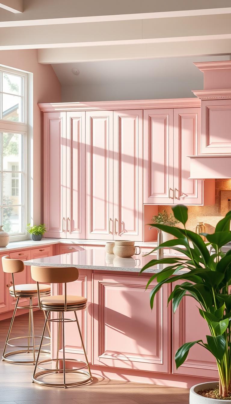 A beautifully designed kitchen featuring elegant pink cabinets that create a serene atmosphere. The foreground showcases a well-organized kitchen island with stylish bar stools, surrounded by lush green plants that add a pop of life. The middle section highlights the stunning pink cabinetry, intricately detailed with modern handles and soft lighting that enhances their gentle hue. In the background, there are subtle hints of minimalist décor and a warm, inviting backsplash that complements the pink tones. Natural light streams in through large windows, casting a soft glow across the space. The scene is captured from a slightly elevated angle with a wide lens, evoking a peaceful and welcoming mood in this calming kitchen environment.