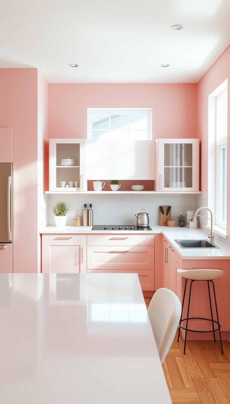 A beautifully designed kitchen featuring soft, calming pink walls that create a serene atmosphere. In the foreground, a glossy white kitchen island with minimalistic bar stools contrasts with the pink backdrop. The middle layer showcases stylish cabinets with modern fixtures and delicate decorations, such as potted herbs and chic kitchenware. The background features bright, natural light streaming in through a large window, emphasizing the pink hues and enhancing the relaxed mood. Soft shadows and reflections add depth, captured with a wide-angle lens for an inviting and spacious feel. The overall ambiance should evoke tranquility and a touch of elegance, making the room feel welcoming and soothing.