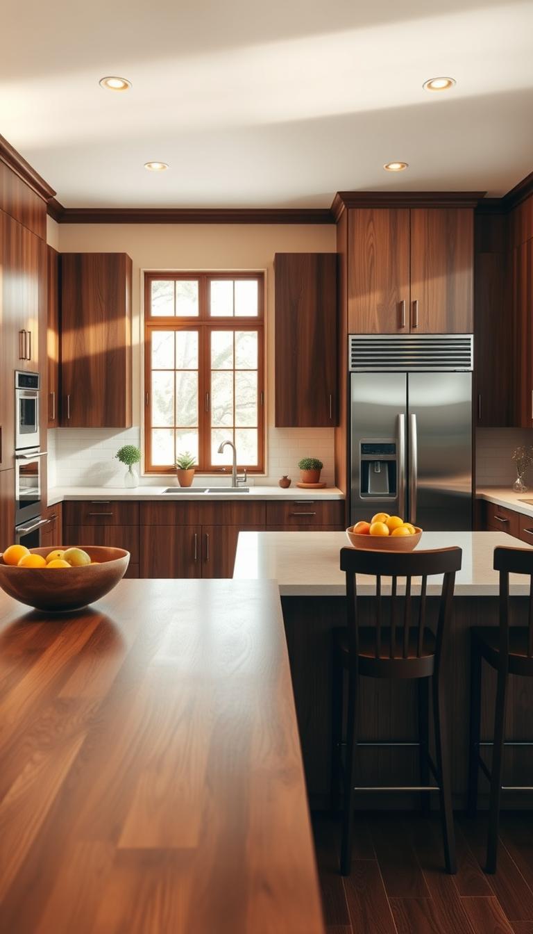 A beautifully designed kitchen featuring warm wood tones, showcasing rich brown cabinetry with natural grain textures. The foreground highlights a spacious wood island with bar stools, adorned with an elegant fruit bowl. In the middle, soft beige walls provide contrast to the dark wood, while shiny ivory countertops catch the light. The kitchen is fully equipped with modern appliances in stainless steel, seamlessly integrated. The background reveals large windows that allow natural light to pour in, illuminating the space with a cozy ambiance. The atmosphere is inviting and tranquil, perfect for culinary creativity. Capture this scene in a photorealistic style, using soft, natural lighting, with a slight depth of field to emphasize the kitchen's inviting warmth. Ensure the image maintains a clean and professional aesthetic, without any text or overlays. A beautifully designed kitchen featuring warm wood tones, showcasing rich brown cabinetry with natural grain textures. The foreground highlights a spacious wood island with bar stools, adorned with an elegant fruit bowl. In the middle, soft beige walls provide contrast to the dark wood, while shiny ivory countertops catch the light. The kitchen is fully equipped with modern appliances in stainless steel, seamlessly integrated. The background reveals large windows that allow natural light to pour in, illuminating the space with a cozy ambiance. The atmosphere is inviting and tranquil, perfect for culinary creativity. Capture this scene in a photorealistic style, using soft, natural lighting, with a slight depth of field to emphasize the kitchen's inviting warmth. Ensure the image maintains a clean and professional aesthetic, without any text or overlays.