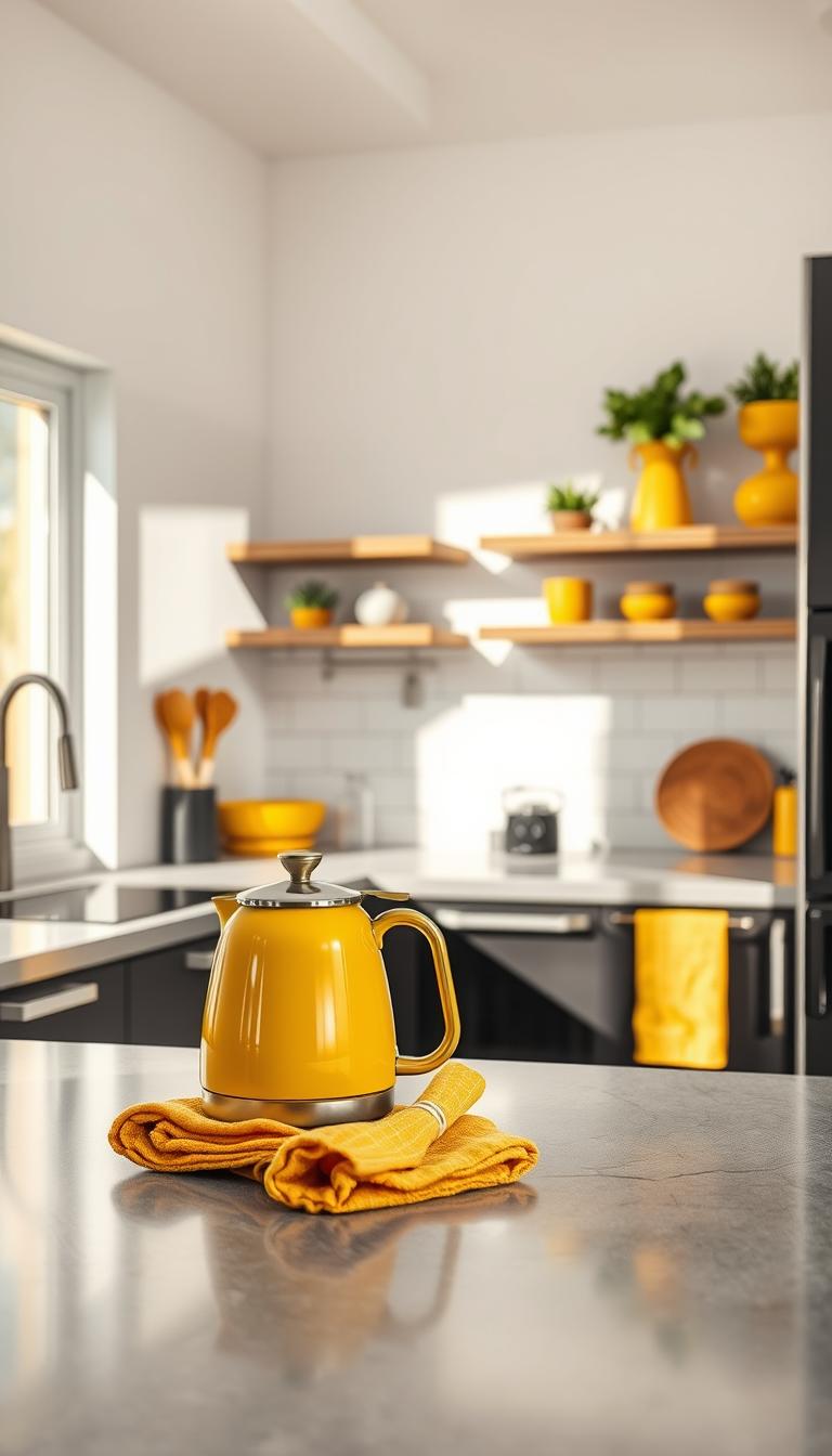A beautifully designed kitchen featuring yellow accents that pair harmoniously with gray, black, and white elements. In the foreground, a sleek yellow kettle and matching kitchen towels rest on a polished gray countertop. The middle ground showcases modern appliances in matte black and a white backsplash that enhances the space's brightness. Sunlight streams in through a large window, casting soft shadows and creating a warm atmosphere. The background features minimalist shelves adorned with yellow ceramic pots and greenery, adding a fresh touch. The entire scene is captured with a soft focus effect, emphasizing the inviting and stylish vibe of this contemporary kitchen. Use high definition and a wide-angle lens to ensure clarity and depth within the composition.