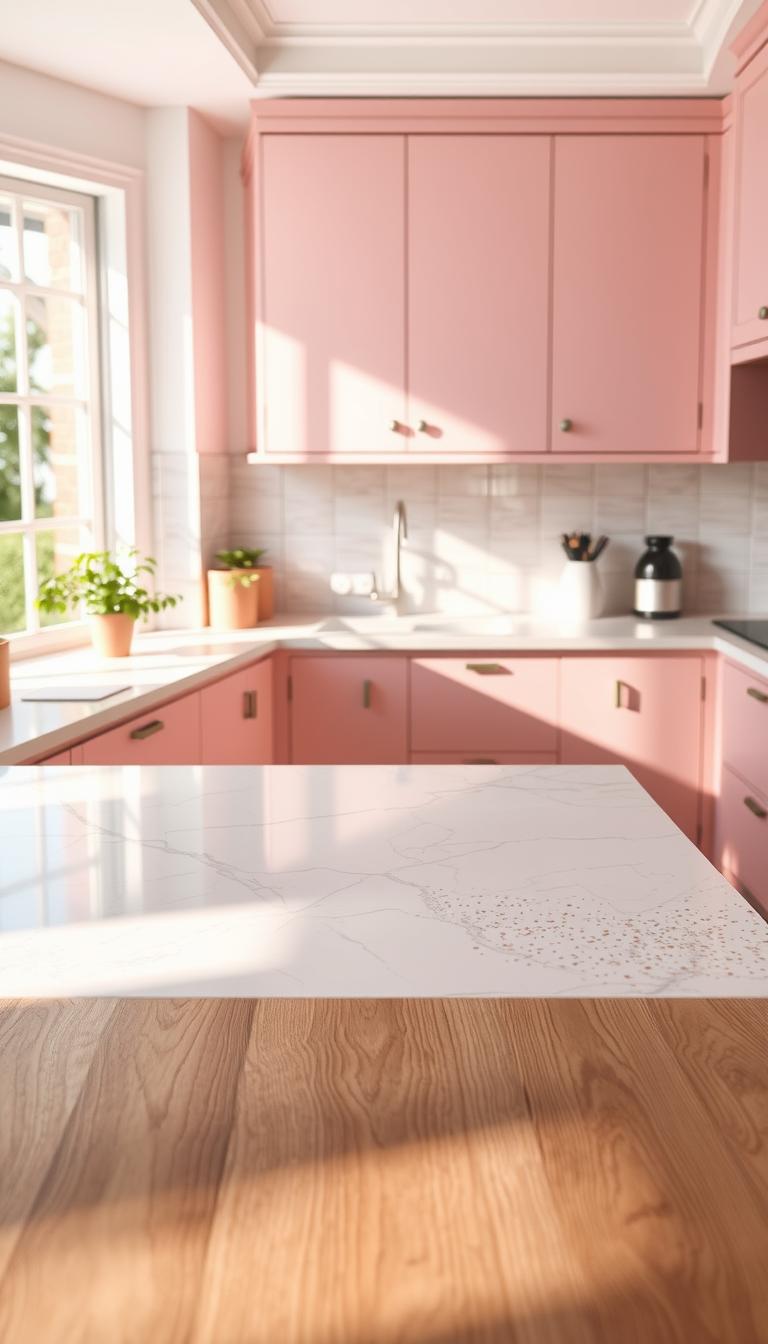 A beautifully designed kitchen showcasing a calming pink theme, featuring a central countertop made of elegant white marble, accented with subtle grey veins. On one side, there's a smooth terrazzo countertop with a blend of soft pink and cream tones, showcasing intricate patterns. The foreground displays a rich wooden countertop that adds warmth and texture. Soft, natural light filters in through a window, highlighting the glossy surfaces of the countertops while creating gentle shadows that enhance depth. The background includes minimalist cabinetry with pink accents, and potted herbs on a windowsill, contributing to the serene atmosphere. The overall mood is tranquil and inviting, perfect for a modern, stylish kitchen setting. Photorealistic with high definition, shot from a slightly elevated angle to capture all elements harmoniously.