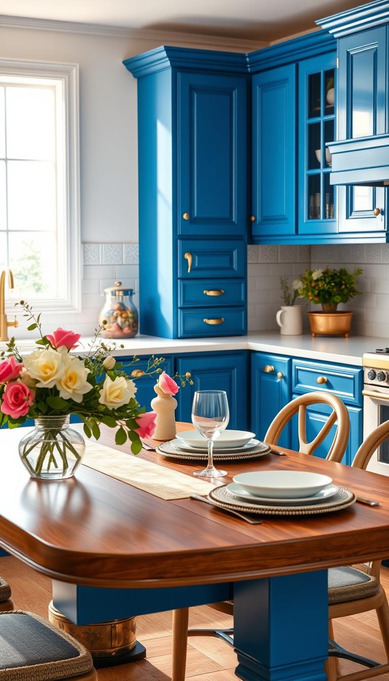 A beautifully designed kitchen showcasing various shades of blue cabinets, from rich cobalt to soft powder blue. In the foreground, a wooden dining table adorned with fresh flowers and elegant tableware invites warmth. In the middle ground, the blue cabinets prominently feature intricate details like brass handles and clever storage solutions, reflecting light. The backsplash is a subtle white tile, adding a contrast to the vibrant cabinets. In the background, a window allows natural light to flood the space, creating a bright and airy atmosphere. The overall mood is cheerful and inviting, perfect for family gatherings. Photorealistic with high definition, using soft, warm lighting to enhance the blue tones, shot from a slightly elevated angle. A beautifully designed kitchen showcasing various shades of blue cabinets, from rich cobalt to soft powder blue. In the foreground, a wooden dining table adorned with fresh flowers and elegant tableware invites warmth. In the middle ground, the blue cabinets prominently feature intricate details like brass handles and clever storage solutions, reflecting light. The backsplash is a subtle white tile, adding a contrast to the vibrant cabinets. In the background, a window allows natural light to flood the space, creating a bright and airy atmosphere. The overall mood is cheerful and inviting, perfect for family gatherings. Photorealistic with high definition, using soft, warm lighting to enhance the blue tones, shot from a slightly elevated angle.