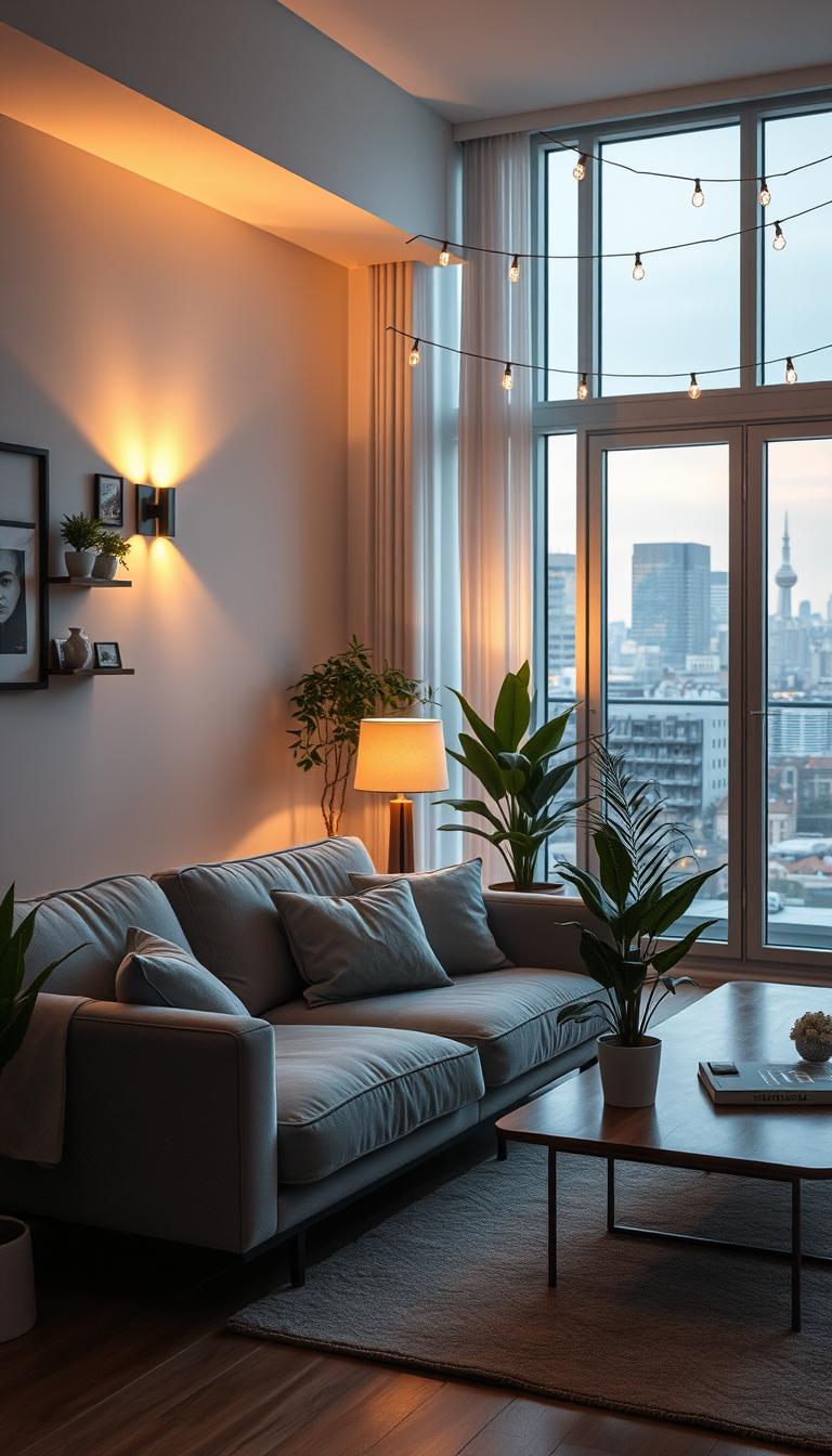 A beautifully designed light studio apartment, showcasing a harmonious blend of modern decor and warm lighting layers. In the foreground, a sleek, low-profile sofa dressed in soft fabrics invites relaxation, accented by a stylish coffee table and potted plants. The middle layer features a dynamic arrangement of ambient, pendant, and task lighting, casting a warm glow that enhances the inviting atmosphere—think soft wall sconces, a chic floor lamp, and stylish string lights overhead. In the background, large windows let in natural light, framing a view of the city skyline. The image captures a balance of cozy elegance and contemporary style, emphasizing the interplay of light and space, with a sharp focus and rich details that evoke a sense of comfort and inspiration.