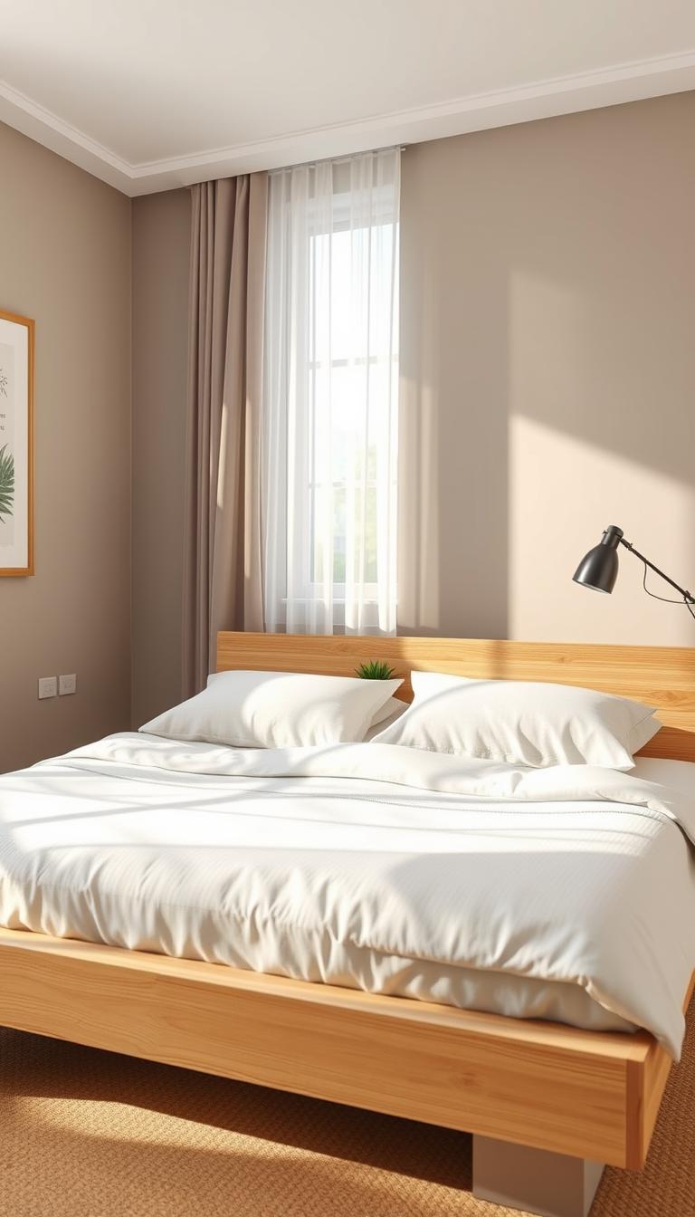 A beautifully designed low bed frame in a small, cozy bedroom setting. The bed frame is made of light oak wood with a minimalist aesthetic, featuring a low-profile platform bed that sits close to the floor. Crisp, white bedding with subtle textures lays across the bed. The foreground highlights decorative pillows in soft pastels. In the middle ground, a small nightstand with a sleek lamp and a potted succulent adds warmth. The background showcases muted walls painted in calming colors, with soft natural light streaming through a sheer curtain, casting gentle shadows. The atmosphere is serene and inviting, perfect for a restful retreat. The image is captured in high definition, with a focus on gentle tones and inviting details, illustrating a practical solution for maximizing small spaces.