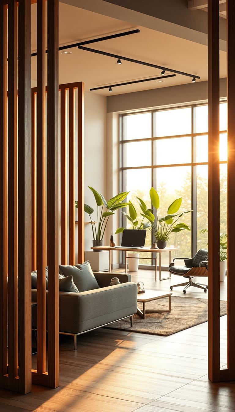 A beautifully designed open layout living space, showcasing innovative studio dividers that create distinct zones while maximizing natural light. In the foreground, elegant wooden dividers define a cozy seating area with stylish, professional-looking furniture. The middle ground features a sleek workspace with a modern desk, bathed in soft, diffused sunlight filtering through large windows. In the background, greenery peeks through the glass, adding a fresh touch to the ambiance. The overall mood is serene and inviting, emphasizing the seamless flow between the areas. The light is warm and golden, captured with a wide-angle lens to enhance depth. The atmosphere conveys a perfect balance of light, flow, and privacy, designed for purpose and comfort. A photorealistic image with high definition, displaying rich textures and vibrant colors.