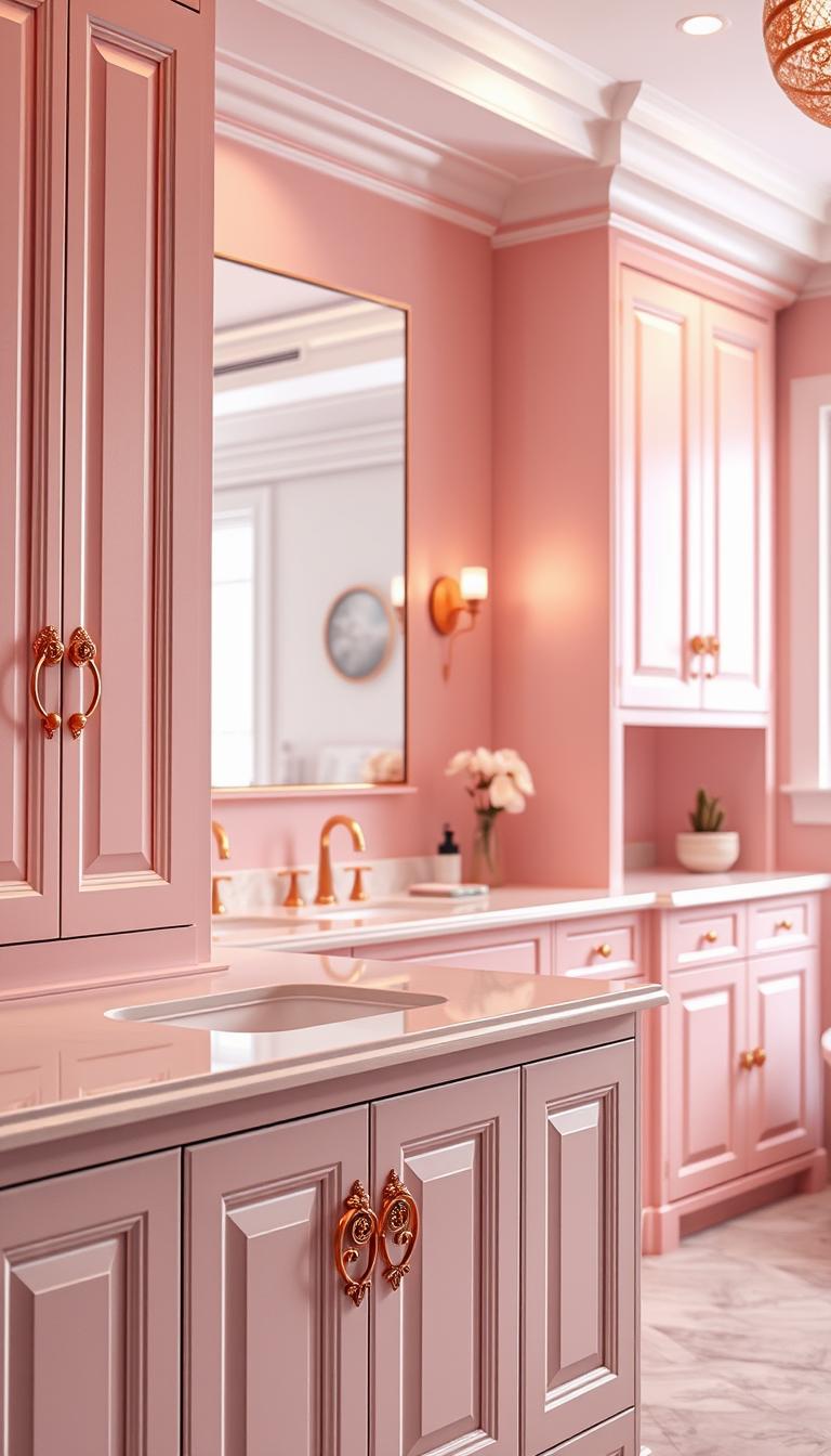 A beautifully designed pink bathroom featuring elegant cabinets and a stylish vanity. In the foreground, showcase a modern white vanity with intricate rose gold hardware, topped with a sleek white surface. The cabinets are a soft blush pink, with smooth, clean lines, and reflect a serene ambiance. In the middle, a large mirror above the vanity enhances the space, while soft ambient lighting casts a warm glow, highlighting the pink hues. The background includes subtle touches like potted plants and tasteful decor that accentuate the tranquility of the environment. The overall mood is calm and inviting, aimed at creating a harmonious retreat. The scene is captured in high definition, with a focus on detail, shot from a slightly elevated angle to showcase the cabinetry's craftsmanship. A beautifully designed pink bathroom featuring elegant cabinets and a stylish vanity. In the foreground, showcase a modern white vanity with intricate rose gold hardware, topped with a sleek white surface. The cabinets are a soft blush pink, with smooth, clean lines, and reflect a serene ambiance. In the middle, a large mirror above the vanity enhances the space, while soft ambient lighting casts a warm glow, highlighting the pink hues. The background includes subtle touches like potted plants and tasteful decor that accentuate the tranquility of the environment. The overall mood is calm and inviting, aimed at creating a harmonious retreat. The scene is captured in high definition, with a focus on detail, shot from a slightly elevated angle to showcase the cabinetry's craftsmanship.