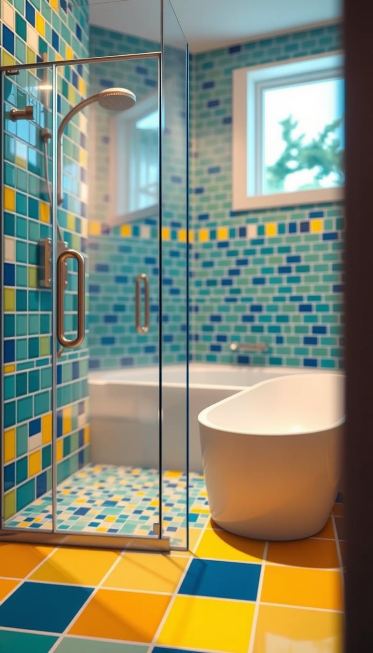 A beautifully designed shower tile layout in a colorful bathroom setting, featuring an array of vibrant ceramic tiles arranged in a modern geometric pattern. The foreground showcases a sleek, frameless glass shower door partially open, revealing a mosaic of blue, green, and yellow tiles that create a refreshing atmosphere. The middle ground includes a stylish, minimalist tub adjacent to the shower, surrounded by coordinating tile designs, enhancing the feeling of a cohesive color palette. The background is softly blurred, hinting at additional bathroom elements like a bright window letting in natural light. The lighting is warm and inviting, giving a serene, spa-like mood. The scene is captured with a wide-angle lens from a low perspective, emphasizing the spaciousness and elegance of the colorful bathroom sanctuary.