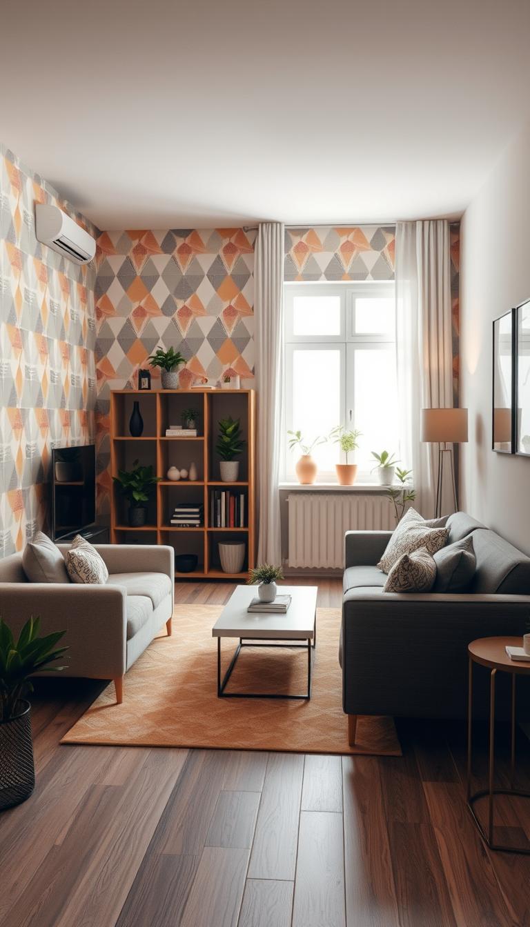 A beautifully designed small apartment interior featuring a modern living room with removable wallpaper and stylish decals. In the foreground, showcase a cozy seating area with a sleek coffee table and decorative cushions. The wallpaper should depict a vibrant geometric pattern in soothing colors that enhances the sense of space. In the middle ground, include a small bookshelf adorned with potted plants and decorative objects, highlighting the decor's functionality. The background should feature a window allowing soft, natural light to illuminate the space, creating a warm and inviting atmosphere. Use a wider lens angle to capture the essence of maximizing space, and ensure the overall mood is one of elegance and comfort, emphasizing the stylish potential of removable wallpaper in a small apartment setting.