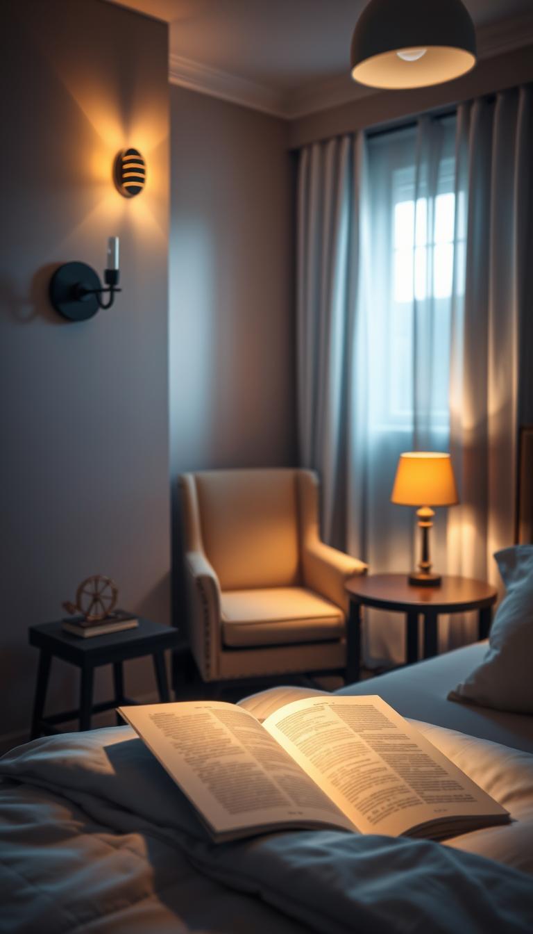 A beautifully designed small bedroom featuring layered lighting elements. In the foreground, a stylish wall sconce emits a warm, soft glow, illuminating a cozy reading nook with a tasteful armchair and a small side table. The middle ground showcases a bedside table lamp casting a focused beam of light onto an open book, while subtle ambient lighting from an overhead fixture softly bathes the room in a serene atmosphere. In the background, soft curtains gently diffuse natural light entering through a window, enhancing the calming space. The overall mood is tranquil and inviting, capturing the essence of a well-lit, organized small bedroom. Use a warm color palette and photorealistic detail, with a slight angle that emphasizes the interplay of light and shadow within the room.