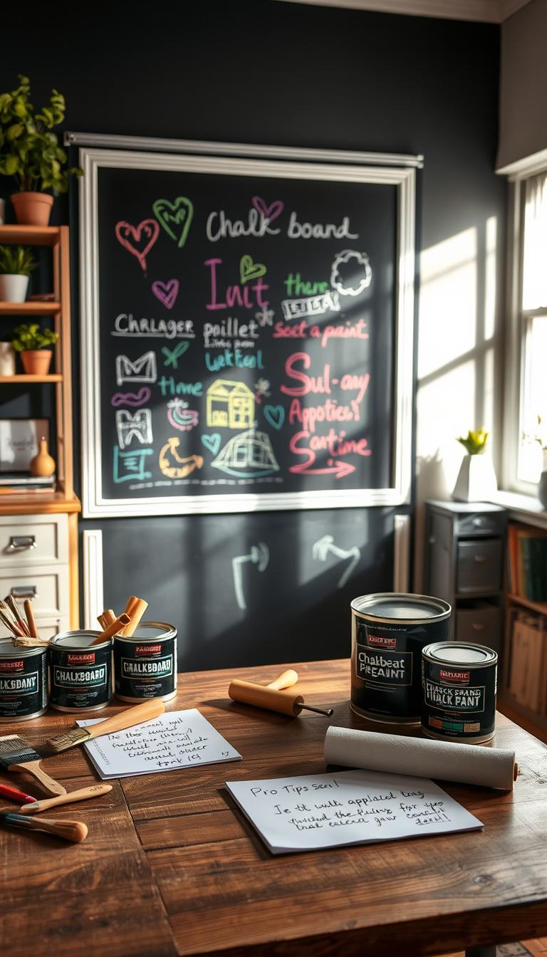 A beautifully organized DIY workspace showcasing a freshly painted chalkboard wall in deep black, displaying colorful chalk drawings and notes in vibrant hues. In the foreground, a wooden table is adorned with paint supplies: brushes, rollers, and cans of chalkboard paint, alongside a notepad with handwritten pro tips for application techniques. The middle ground features the chalkboard wall, gleaming under soft, natural light streaming through a nearby window, casting gentle shadows that enhance the textures. In the background, shelves are lined with decorative items like plants and inspirational books, creating an inviting and creative atmosphere. The scene evokes a sense of artistry and practicality, perfect for inspiring home decor enthusiasts.