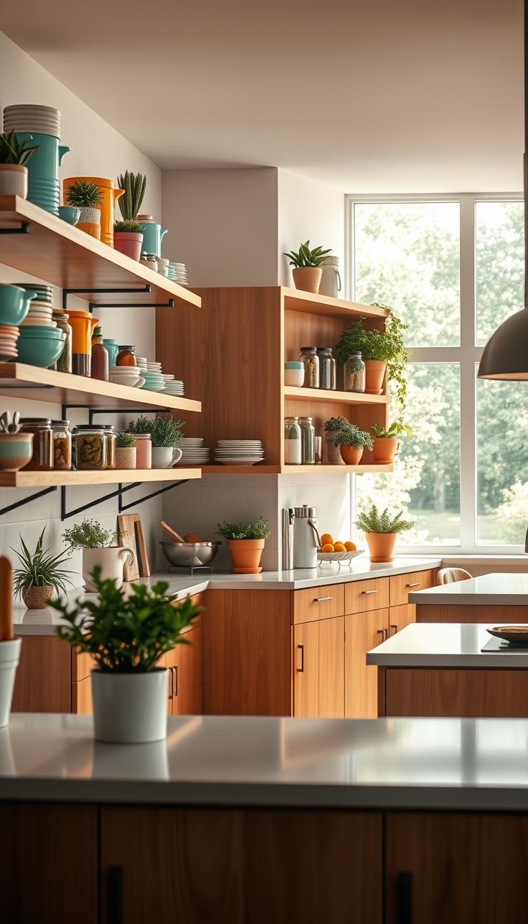 A beautifully organized kitchen featuring open shelves, filled with an array of stylish kitchenware, pots, and decorative plants. The foreground showcases the shelves, decorated with vibrant dishware in pastel colors and curated jars of herbs. In the middle ground, a modern kitchen island with a sleek countertop contrasts with warm wooden cabinetry. The background reveals a cozy kitchen space with large windows allowing natural light to flood in, creating a bright and inviting atmosphere. The lighting is soft yet vibrant, enhancing the textures and colors of the kitchen elements. Shot from a slightly elevated angle to capture both the shelves and the island, this photorealistic image encapsulates a contemporary yet approachable kitchen design.