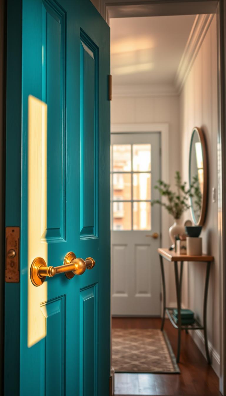 A beautifully painted front door in a small entryway, showcasing a vibrant teal color that contrasts with soft white walls. The foreground features a close-up of the door with a rustic brass door handle, and the texture of the paint illuminated by warm, natural lighting coming from a nearby window. In the middle ground, a stylish console table is displayed beside the door, adorned with a small potted plant and decorative items that enhance the cozy atmosphere. The background reveals subtle hints of light coming from a ceiling painted in a lighter shade, creating an inviting ambiance. The image captures the essence of maximizing space and style in this entryway, with a focus on color and design elements working harmoniously together. The composition is framed using a wide-angle lens, emphasizing depth and warmth.