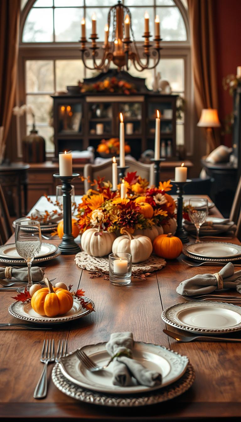 A beautifully set dining table in an elegant, cozy setting, featuring a rustic wooden table adorned with a seasonal fall centerpiece. The centerpiece includes a variety of autumn-themed elements such as vibrant pumpkins, colorful leaves, and candle holders filled with warm candles, creating an inviting atmosphere. In the foreground, showcase intricately styled place settings, including detailed plates, cutlery, and cloth napkins, emphasizing the size and scale of the centerpiece in relation to the table. The background reveals a softly lit dining room with warm tones, large windows letting in natural light, and tasteful decor reflecting a comfortable autumn ambiance. The image should be photorealistic, using soft, diffused lighting to enhance the warmth, captured with a wide-angle lens to depict the entire scene effectively. A beautifully set dining table in an elegant, cozy setting, featuring a rustic wooden table adorned with a seasonal fall centerpiece. The centerpiece includes a variety of autumn-themed elements such as vibrant pumpkins, colorful leaves, and candle holders filled with warm candles, creating an inviting atmosphere. In the foreground, showcase intricately styled place settings, including detailed plates, cutlery, and cloth napkins, emphasizing the size and scale of the centerpiece in relation to the table. The background reveals a softly lit dining room with warm tones, large windows letting in natural light, and tasteful decor reflecting a comfortable autumn ambiance. The image should be photorealistic, using soft, diffused lighting to enhance the warmth, captured with a wide-angle lens to depict the entire scene effectively.
