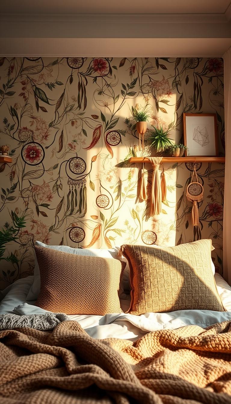 A beautifully styled Boho bedroom featuring wallpaper that tells a story, showcasing intricate floral patterns and earthy tones. In the foreground, a cozy bed adorned with textured throw pillows and a soft, woven blanket invites relaxation. In the middle, the accent wall covered in vibrant, nature-inspired wallpaper adds depth, with delicate vines and dreamcatchers interwoven throughout the design. The background displays softly illuminated shelves with eclectic wall hangings, including macramé plant holders and framed art pieces, enhancing the serene atmosphere. The lighting is warm and ambient, with sunlight filtering in through sheer curtains, casting gentle shadows and creating a calming oasis. The image is styled in high definition, capturing the details of the textures and colors to evoke tranquility and inspiration. A beautifully styled Boho bedroom featuring wallpaper that tells a story, showcasing intricate floral patterns and earthy tones. In the foreground, a cozy bed adorned with textured throw pillows and a soft, woven blanket invites relaxation. In the middle, the accent wall covered in vibrant, nature-inspired wallpaper adds depth, with delicate vines and dreamcatchers interwoven throughout the design. The background displays softly illuminated shelves with eclectic wall hangings, including macramé plant holders and framed art pieces, enhancing the serene atmosphere. The lighting is warm and ambient, with sunlight filtering in through sheer curtains, casting gentle shadows and creating a calming oasis. The image is styled in high definition, capturing the details of the textures and colors to evoke tranquility and inspiration.