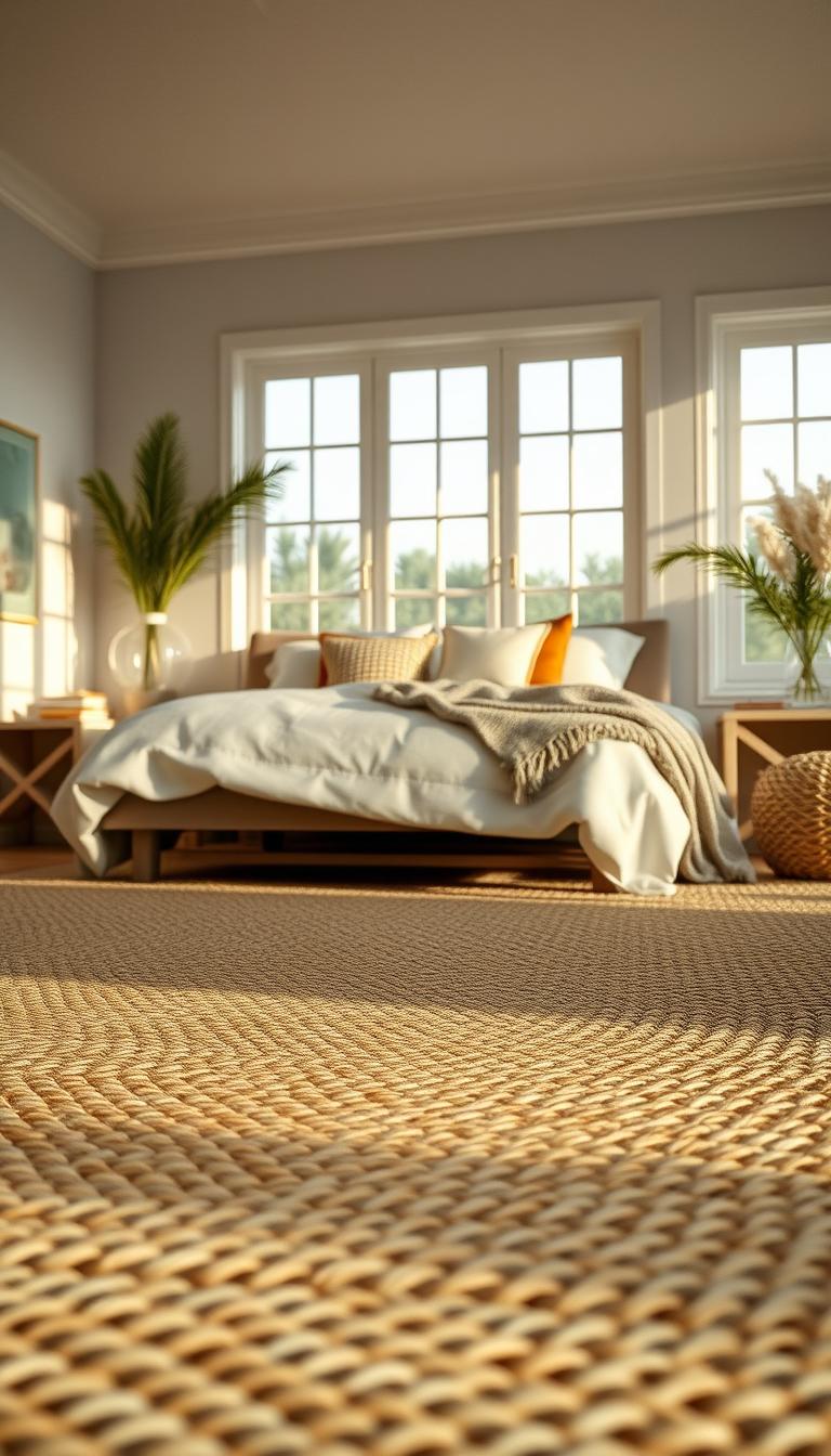 A beautifully styled beach bedroom featuring a serene seagrass rug as the focal point. In the foreground, the intricate texture of the seagrass rug should be prominently displayed, highlighting its natural woven patterns and earthy tones of tan and green. The middle ground reveals a cozy bed adorned with soft, light-colored linens and accent pillows that complement the rug. In the background, large windows let in warm, golden sunlight, enhancing the tranquil atmosphere with soft shadows on the walls. The scene is airy and inviting, evoking a sense of calm and retreat, perfect for a beach-style haven. Use photorealistic detail, emphasizing texture and lighting, with a slightly elevated angle to capture the depth of the room. A beautifully styled beach bedroom featuring a serene seagrass rug as the focal point. In the foreground, the intricate texture of the seagrass rug should be prominently displayed, highlighting its natural woven patterns and earthy tones of tan and green. The middle ground reveals a cozy bed adorned with soft, light-colored linens and accent pillows that complement the rug. In the background, large windows let in warm, golden sunlight, enhancing the tranquil atmosphere with soft shadows on the walls. The scene is airy and inviting, evoking a sense of calm and retreat, perfect for a beach-style haven. Use photorealistic detail, emphasizing texture and lighting, with a slightly elevated angle to capture the depth of the room.