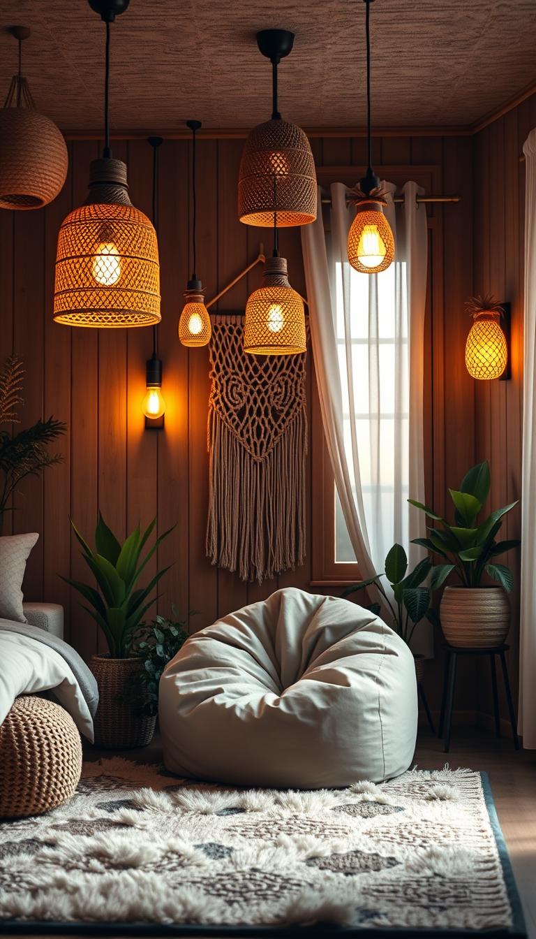 A beautifully styled boho bedroom featuring an array of unique lighting ideas, including woven pendant lights hanging from a textured ceiling and charming pineapple sconces on the warm wooden walls. In the foreground, a cozy reading nook with a plush bohemian rug and an oversized bean bag chair, illuminated by soft, diffused warm light. The middle layer showcases a colorful macramé wall hanging and an assortment of plants, adding liveliness and a touch of nature. In the background, a softly lit window draped with sheer curtains allows natural light to filter in, enhancing the serene atmosphere. The image captures a calming oasis, radiating warmth and inviting relaxation, with a focus on the intricate details of the lighting fixtures. High definition, photorealistic style, warm hues, soft shadows, and a gentle depth of field. A beautifully styled boho bedroom featuring an array of unique lighting ideas, including woven pendant lights hanging from a textured ceiling and charming pineapple sconces on the warm wooden walls. In the foreground, a cozy reading nook with a plush bohemian rug and an oversized bean bag chair, illuminated by soft, diffused warm light. The middle layer showcases a colorful macramé wall hanging and an assortment of plants, adding liveliness and a touch of nature. In the background, a softly lit window draped with sheer curtains allows natural light to filter in, enhancing the serene atmosphere. The image captures a calming oasis, radiating warmth and inviting relaxation, with a focus on the intricate details of the lighting fixtures. High definition, photorealistic style, warm hues, soft shadows, and a gentle depth of field.