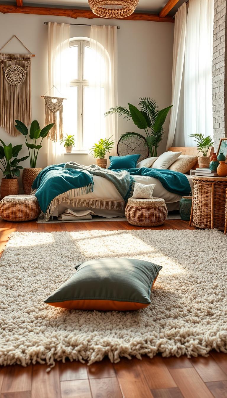 A beautifully styled boho bedroom showcasing a harmonious color palette. In the foreground, a plush, textured neutral area rug lays on a wooden floor, accented with colorful throw pillows in jewel tones. The mid-ground features a large bed with layered bedding in soft creams and deep emerald green, surrounded by macramé wall hangings and indoor plants for a calming atmosphere. In the background, a sunlit window filters warm light, casting gentle shadows, while sheer curtains dance softly. A woven basket filled with magazines and a bedside table adorned with colorful pottery create a cozy vibe. The overall mood is serene and inviting, capturing the essence of a calming oasis. Photorealistic high-definition image, taken with a wide-angle lens to emphasize the room's spaciousness. A beautifully styled boho bedroom showcasing a harmonious color palette. In the foreground, a plush, textured neutral area rug lays on a wooden floor, accented with colorful throw pillows in jewel tones. The mid-ground features a large bed with layered bedding in soft creams and deep emerald green, surrounded by macramé wall hangings and indoor plants for a calming atmosphere. In the background, a sunlit window filters warm light, casting gentle shadows, while sheer curtains dance softly. A woven basket filled with magazines and a bedside table adorned with colorful pottery create a cozy vibe. The overall mood is serene and inviting, capturing the essence of a calming oasis. Photorealistic high-definition image, taken with a wide-angle lens to emphasize the room's spaciousness.