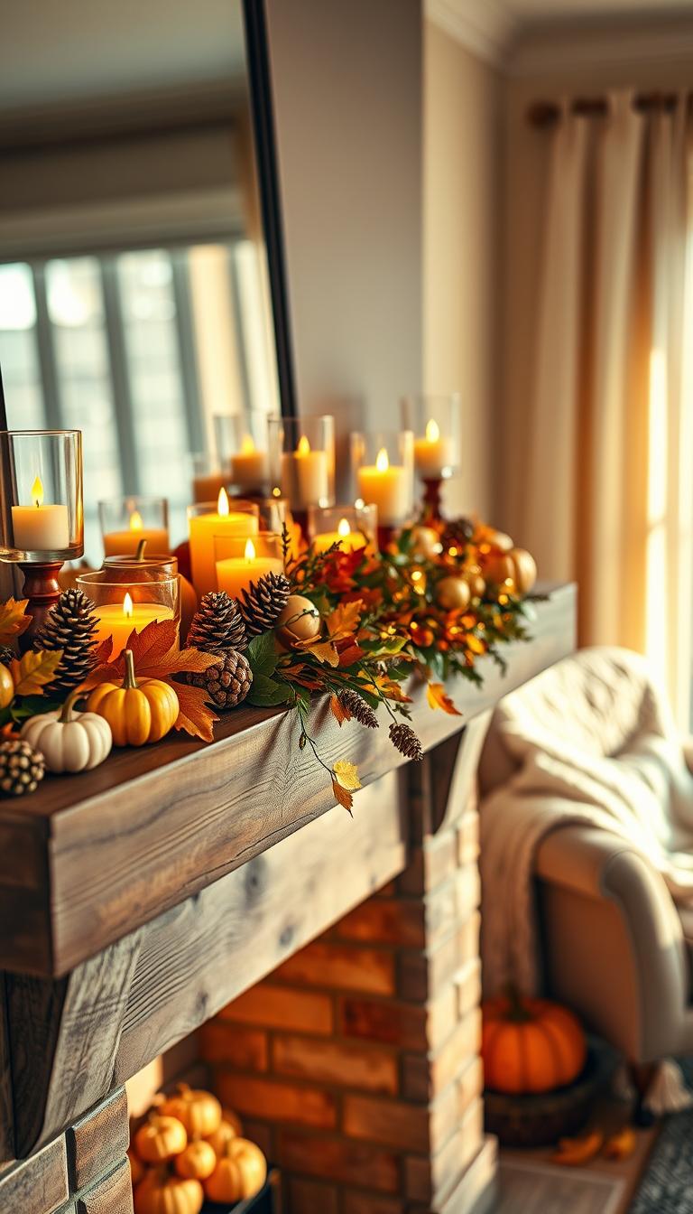 A beautifully styled fall mantel, showcasing a warm and cozy atmosphere. In the foreground, a rustic wooden mantel adorned with an array of seasonal decorations, including small pumpkins in varying sizes, golden leaves, and pinecones. Enhance the charm with flickering candles in elegant glass holders that cast a soft glow. In the middle, display a garland of autumn foliage embellished with fairy lights, creating a magical touch. The background features a softly blurred living room setting with a plush armchair and a knitted throw blanket, inviting relaxation. The lighting is warm and golden, simulating the gentle sunlight of a fall afternoon, fostering a feeling of comfort and warmth, captured in high definition with a shallow depth of field to emphasize the mantel.