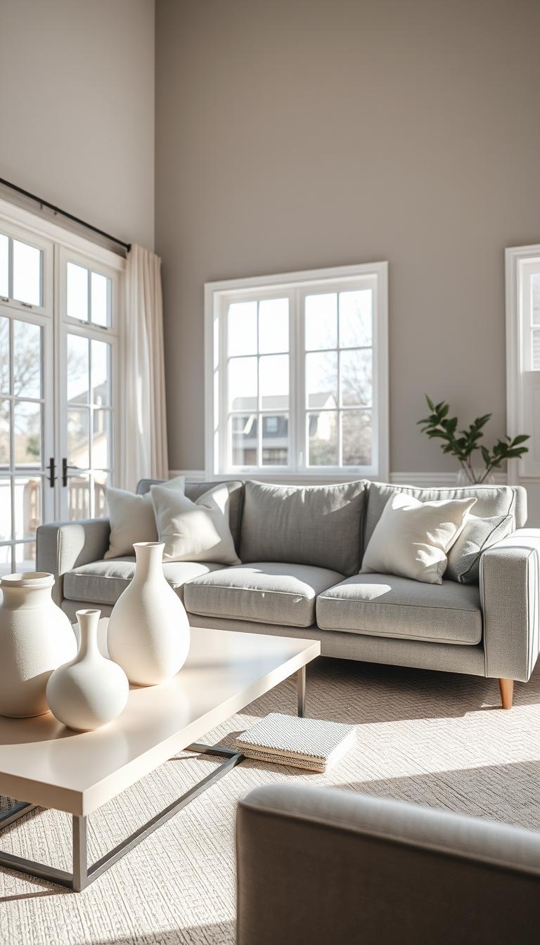 A beautifully styled interior scene showcasing the color "Cracked Pepper" on a feature wall, with elegant off-white and soft gray design pairings. In the foreground, a sleek, modern coffee table holds decorative items such as pale white vases and textured light fabric coasters. The middle ground features a comfortable gray sofa adorned with coordinating throw pillows in gentle tones of cream and muted blues. In the background, large windows allow natural light to flood the space, accentuating the soothing ambiance. The lighting setup includes soft diffused sunlight, casting delicate shadows that enhance the room's warmth. The overall atmosphere is serene and inviting, ideal for a cozy yet sophisticated living area. Capture the scene with a wide-angle lens to emphasize the spaciousness and harmonious color palette. A beautifully styled interior scene showcasing the color "Cracked Pepper" on a feature wall, with elegant off-white and soft gray design pairings. In the foreground, a sleek, modern coffee table holds decorative items such as pale white vases and textured light fabric coasters. The middle ground features a comfortable gray sofa adorned with coordinating throw pillows in gentle tones of cream and muted blues. In the background, large windows allow natural light to flood the space, accentuating the soothing ambiance. The lighting setup includes soft diffused sunlight, casting delicate shadows that enhance the room's warmth. The overall atmosphere is serene and inviting, ideal for a cozy yet sophisticated living area. Capture the scene with a wide-angle lens to emphasize the spaciousness and harmonious color palette.