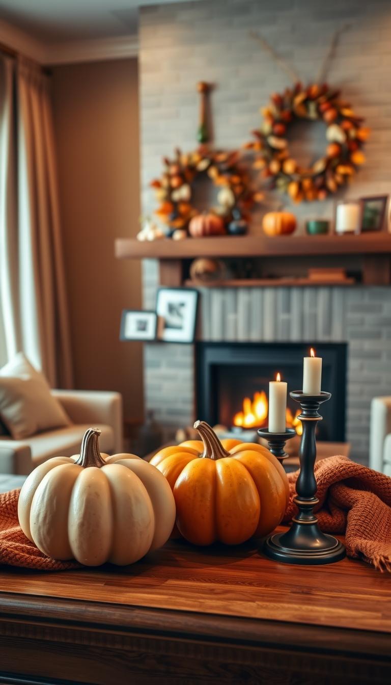 A beautifully styled mantel in a cozy living room setting, showcasing perfect balance and symmetry. The foreground features an elegant arrangement of autumn-themed decor, including a pair of matching ceramic pumpkins, a rich, textured throw in warm hues draped casually, and a pair of stylish candlesticks with glowing candles. In the middle, a polished wooden mantel with a few strategically placed framed family photos and seasonal foliage pops against the backdrop, including a large burlap wreath adorned with fall leaves. The background reveals a softly lit, inviting room with a warm, crackling fireplace and plush seating. Soft, golden lighting creates a warm, welcoming atmosphere, captured with a slightly elevated angle to highlight the mantel's symmetrical elements in high definition.