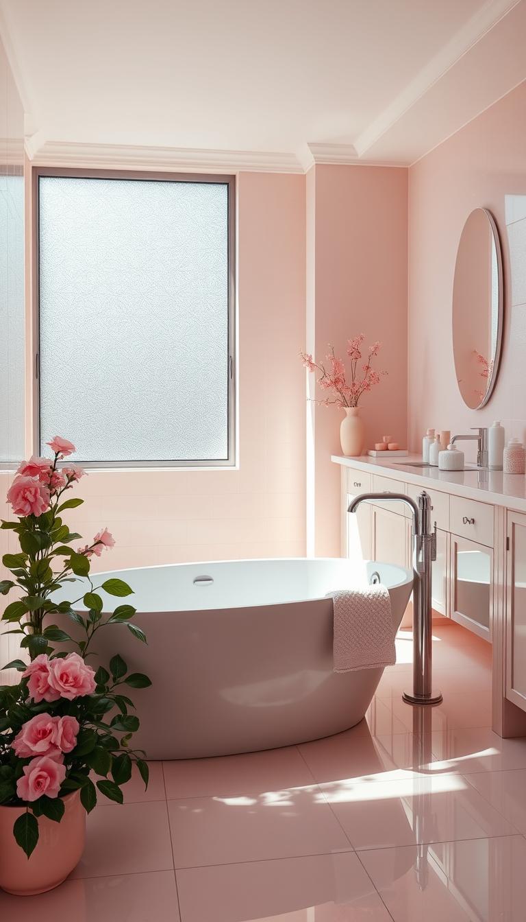 A beautifully styled pink bathroom that exemplifies subtle elegance, featuring soft blush and pastel pink accents. The foreground showcases a modern freestanding bathtub surrounded by lush greenery and pink flower arrangements. The middle ground features a sleek vanity with a soft pink countertop, chrome fixtures, and neatly arranged bath essentials in chic containers. The background reveals a large, frosted window allowing natural light to bathe the space in a warm glow, enhancing the serene atmosphere. Light reflections dance off the pristine tiles, creating a harmonious vibe. The image embodies tranquility and sophistication, suggesting ways to incorporate pink through small, stylish elements. Use a slightly elevated angle for a comprehensive view, focusing on balance and soft shadow play for depth. A beautifully styled pink bathroom that exemplifies subtle elegance, featuring soft blush and pastel pink accents. The foreground showcases a modern freestanding bathtub surrounded by lush greenery and pink flower arrangements. The middle ground features a sleek vanity with a soft pink countertop, chrome fixtures, and neatly arranged bath essentials in chic containers. The background reveals a large, frosted window allowing natural light to bathe the space in a warm glow, enhancing the serene atmosphere. Light reflections dance off the pristine tiles, creating a harmonious vibe. The image embodies tranquility and sophistication, suggesting ways to incorporate pink through small, stylish elements. Use a slightly elevated angle for a comprehensive view, focusing on balance and soft shadow play for depth.