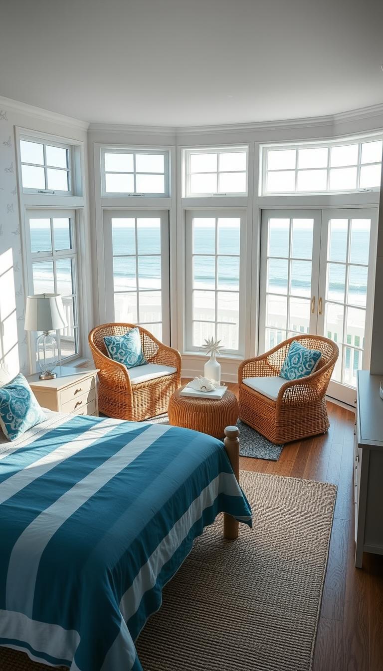 A bright, airy coastal bedroom featuring large windows that let in soft, natural sunlight. In the foreground, a neatly made bed adorned with bold, striped bedding in shades of blue and white, complemented by patterned throw pillows. To one side, a stylish nightstand with a glass lamp and coastal-themed decor. The middle of the room includes a cozy seating area with rattan chairs, a woven rug, and a small coffee table with a seashell centerpiece. In the background, a serene view of a beach visible through the windows, while pastel-colored wallpaper with subtle beach motifs adds a calming touch to the walls. The overall atmosphere evokes tranquility and balance, with a clean, modern aesthetic. Photorealistic, high definition, soft lighting, shot at a wide angle to capture the spaciousness.