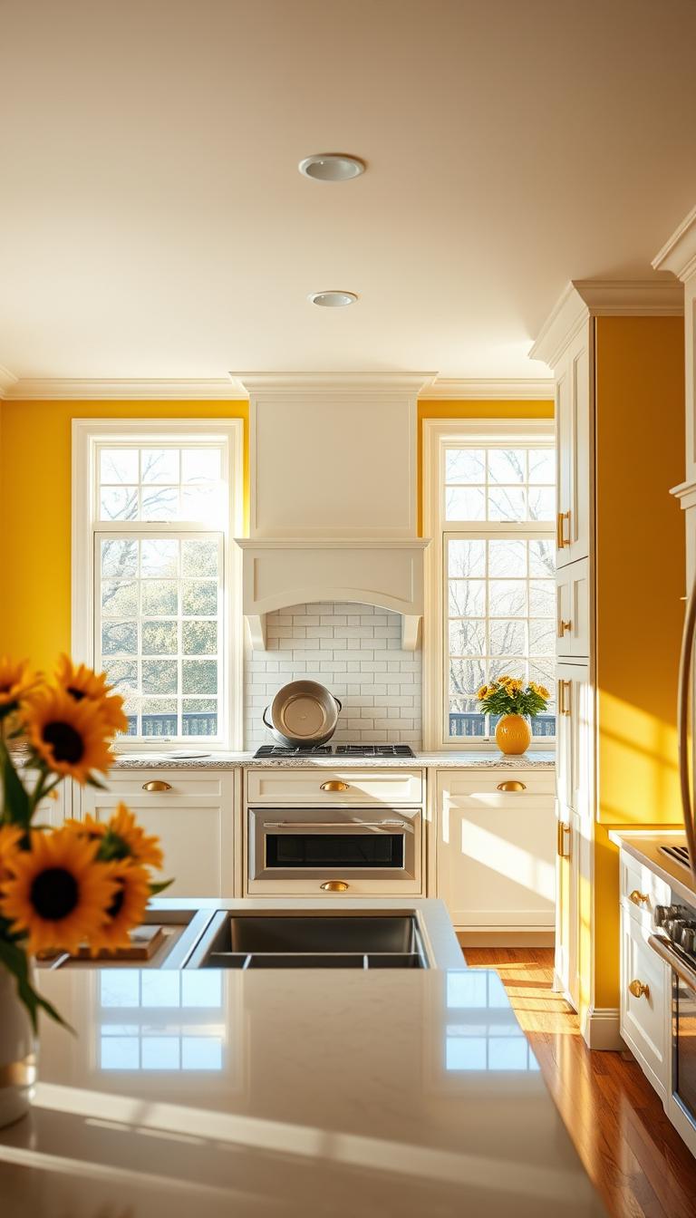 A bright, airy kitchen featuring butter yellow walls that exude warmth and cheerfulness. In the foreground, a neatly organized countertop displays elegant kitchenware, while a vase of fresh sunflowers adds a pop of vibrant color. The middle section showcases classic white cabinets with golden hardware, harmonizing beautifully with the buttery walls. A stylish ceiling accent painted in a subtle, complementary shade enhances the room's charm. In the background, large windows allow soft, natural light to flood the space, casting gentle shadows that highlight the texture of the walls. The overall atmosphere is inviting and uplifting, perfect for a creative cooking environment, captured from a slightly elevated angle using a wide lens to emphasize the open layout and inviting ambiance, in high definition and photorealistic detail.