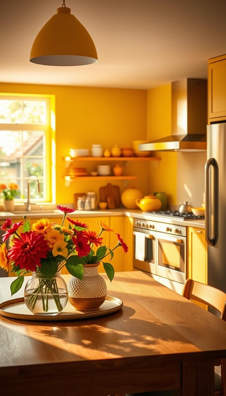 A bright and inviting yellow kitchen, featuring sunlit walls painted in a warm, cheerful shade of yellow. The foreground includes a sleek wooden dining table adorned with vibrant flowers and stylish kitchenware. In the middle, there are modern cabinets and shelves filled with colorful dishware, while a stainless steel oven and fridge reflect the warm lighting. The background contains a window showcasing a view of a sunny garden, with soft, diffused natural light pouring in, enhancing the space's brightness. A hint of greenery peeks in from the window, complementing the yellow tones. The atmosphere is lively and uplifting, evoking a sense of joy and warmth that enhances the culinary experience. Photorealistic, high definition, shot from a slightly angled perspective to give depth to the kitchen layout. A bright and inviting yellow kitchen, featuring sunlit walls painted in a warm, cheerful shade of yellow. The foreground includes a sleek wooden dining table adorned with vibrant flowers and stylish kitchenware. In the middle, there are modern cabinets and shelves filled with colorful dishware, while a stainless steel oven and fridge reflect the warm lighting. The background contains a window showcasing a view of a sunny garden, with soft, diffused natural light pouring in, enhancing the space's brightness. A hint of greenery peeks in from the window, complementing the yellow tones. The atmosphere is lively and uplifting, evoking a sense of joy and warmth that enhances the culinary experience. Photorealistic, high definition, shot from a slightly angled perspective to give depth to the kitchen layout.