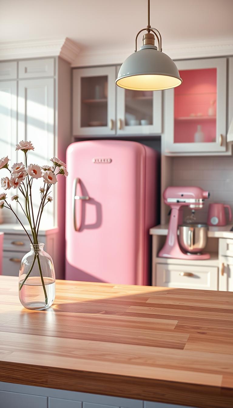 A bright, photorealistic kitchen featuring an array of chic pink appliances, including a retro-style refrigerator, sleek toaster, and a stylish stand mixer. The foreground showcases a polished wooden countertop adorned with fresh flowers in a pastel vase, creating a welcoming ambiance. In the middle, the pink appliances stand out against a soft white and light gray backdrop, with subtle reflections on their surfaces. The background includes cabinets with delicate pink accents and an elegant pendant light casting warm, inviting glow throughout the space. The overall atmosphere is calming and cheerful, using natural lighting to highlight the delightful blend of colors. Capture this scene from a slightly elevated angle, emphasizing the harmony of the pink appliances in a trendy kitchen setting.
