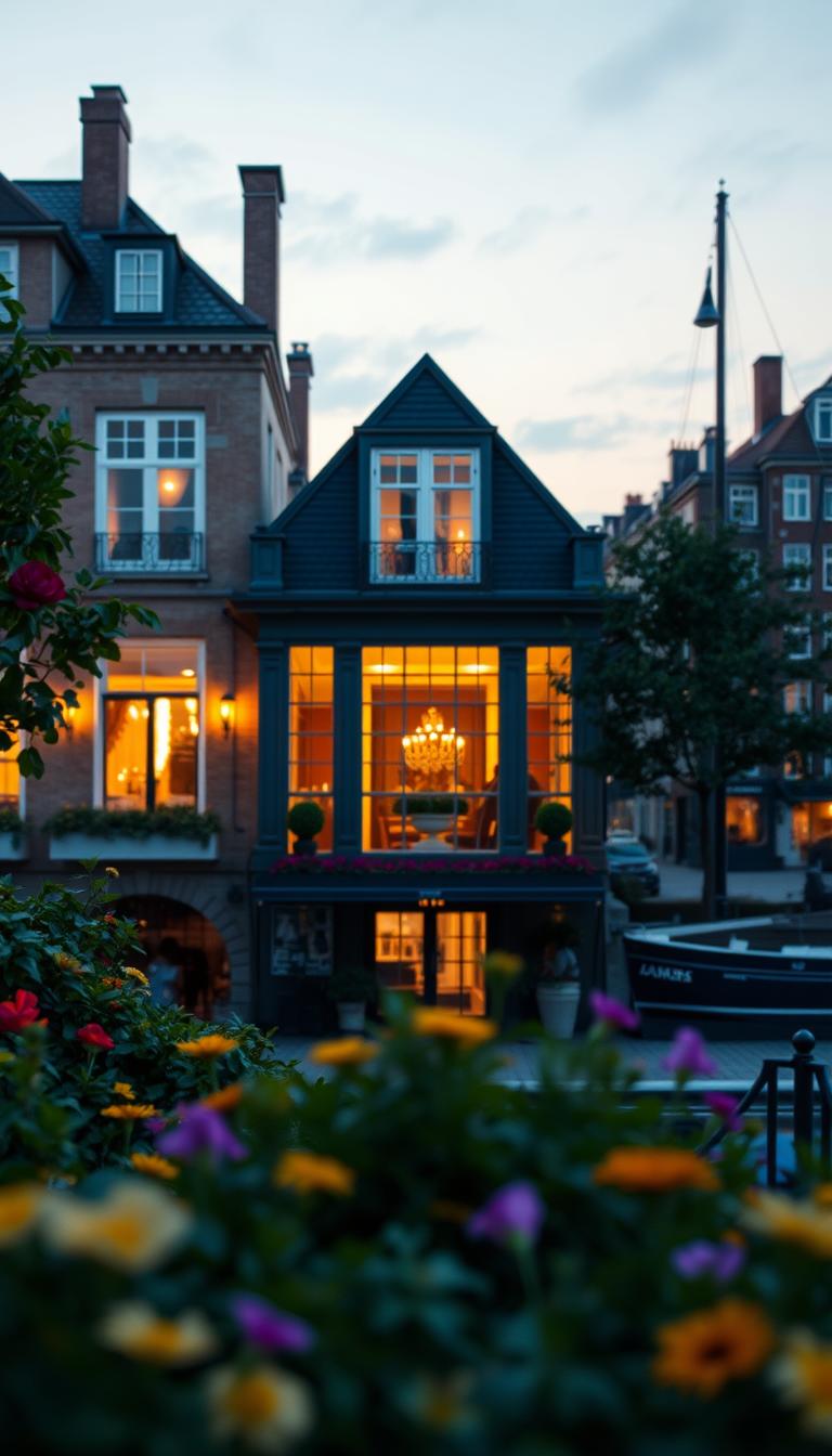 A charming view of Hotel Sanders, a boutique luxury hotel in Copenhagen, captured in photorealistic detail. In the foreground, lush greenery and colorful flowers frame the entrance, showcasing the hotel's welcoming atmosphere. The middle ground features the elegant facade of Hotel Sanders, with warm, inviting lights emanating from large windows, reflecting a cozy ambiance. In the background, the iconic Nyhavn canal can be seen, with picturesque buildings and boats gently bobbing in the water, under a soft twilight sky. Capture the scene using a wide-angle lens to emphasize the hotel’s beauty and charm, with a warm golden hour light creating a serene and inviting mood. The overall composition should evoke a sense of luxury and tranquility, perfect for travelers seeking a unique experience.