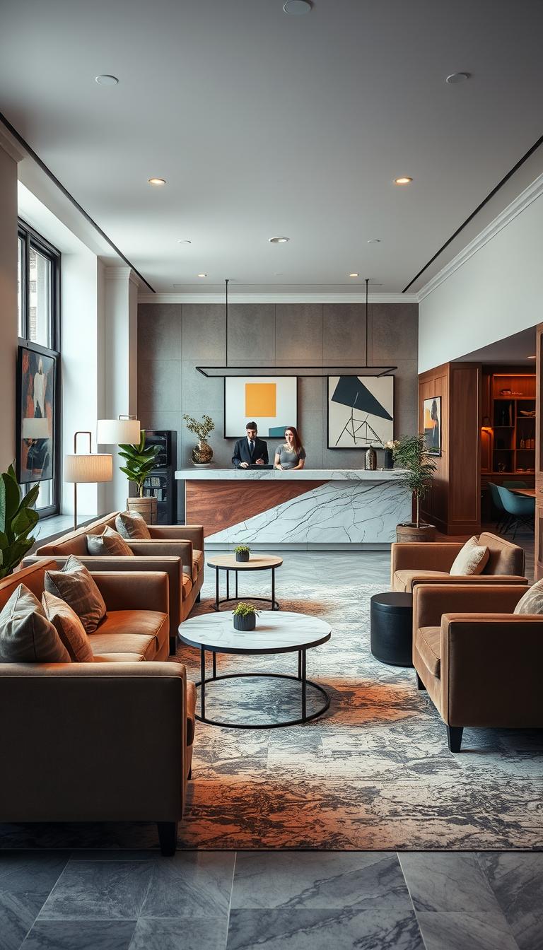 A chic boutique hotel lobby in Copenhagen, designed to reflect the elegance of a stylish apartment. In the foreground, a cozy seating area with plush sofas and designer coffee tables, adorned with local art and greenery. The middle ground showcases a reception desk made of warm wood and marble, with friendly staff in smart casual attire welcoming guests. Soft, diffused lighting creates a warm ambiance, and a large window allows natural light to stream in, highlighting the unique decor elements. In the background, stylish wall art and contemporary furniture define the space, offering a glimpse of the city through the window. The overall mood is inviting, sophisticated, and distinctly Copenhagen, captured in high definition with a wide-angle lens to encompass the inviting atmosphere.
