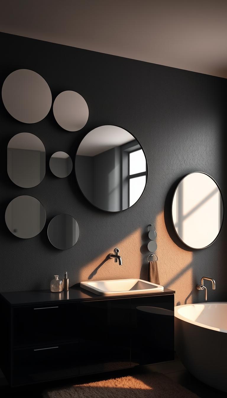 A chic modern bathroom showcasing an array of elegantly designed mirrors in varying shapes, including a large round mirror with a thin black frame as the focal point. Mirrors reflect soft, ambient light, enhancing the airy feel of the space. The mirrors are mounted on dark, textured walls, providing a striking contrast that emphasizes their ability to multiply light. In the foreground, glossy black cabinetry with minimalist hardware adds sophistication. Subtle chrome fixtures catch the light, while a plush bathmat in muted tones lies beneath. The overall atmosphere is serene and stylish, complemented by warm, diffused lighting that casts gentle shadows, creating depth and inviting tranquility. The image captures a perfect blend of modern aesthetics and functional beauty in a dark palette. A chic modern bathroom showcasing an array of elegantly designed mirrors in varying shapes, including a large round mirror with a thin black frame as the focal point. Mirrors reflect soft, ambient light, enhancing the airy feel of the space. The mirrors are mounted on dark, textured walls, providing a striking contrast that emphasizes their ability to multiply light. In the foreground, glossy black cabinetry with minimalist hardware adds sophistication. Subtle chrome fixtures catch the light, while a plush bathmat in muted tones lies beneath. The overall atmosphere is serene and stylish, complemented by warm, diffused lighting that casts gentle shadows, creating depth and inviting tranquility. The image captures a perfect blend of modern aesthetics and functional beauty in a dark palette.