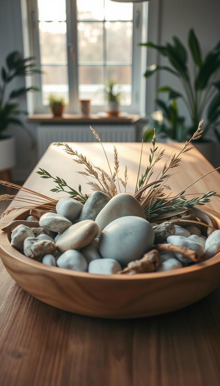 A close-up view of a Scandinavian-inspired palette consisting of soft, muted colors like pale blues, warm whites, and earthy greens, arranged artistically in a natural wooden bowl. Surrounding the palette, various natural materials such as smooth pebbles, driftwood, and sprigs of dried grass are intertwined to create an organic feel. In the middle ground, softly diffused morning light filters through a large window, casting gentle shadows and highlighting the textures of the materials. The background features a minimalist wooden table, accentuated by hints of greenery from potted plants, reinforcing the serene and inviting essence of Scandinavian design. The atmosphere is calm and harmonious, evoking a sense of simplicity and natural beauty in a stylish interior setting. A close-up view of a Scandinavian-inspired palette consisting of soft, muted colors like pale blues, warm whites, and earthy greens, arranged artistically in a natural wooden bowl. Surrounding the palette, various natural materials such as smooth pebbles, driftwood, and sprigs of dried grass are intertwined to create an organic feel. In the middle ground, softly diffused morning light filters through a large window, casting gentle shadows and highlighting the textures of the materials. The background features a minimalist wooden table, accentuated by hints of greenery from potted plants, reinforcing the serene and inviting essence of Scandinavian design. The atmosphere is calm and harmonious, evoking a sense of simplicity and natural beauty in a stylish interior setting.
