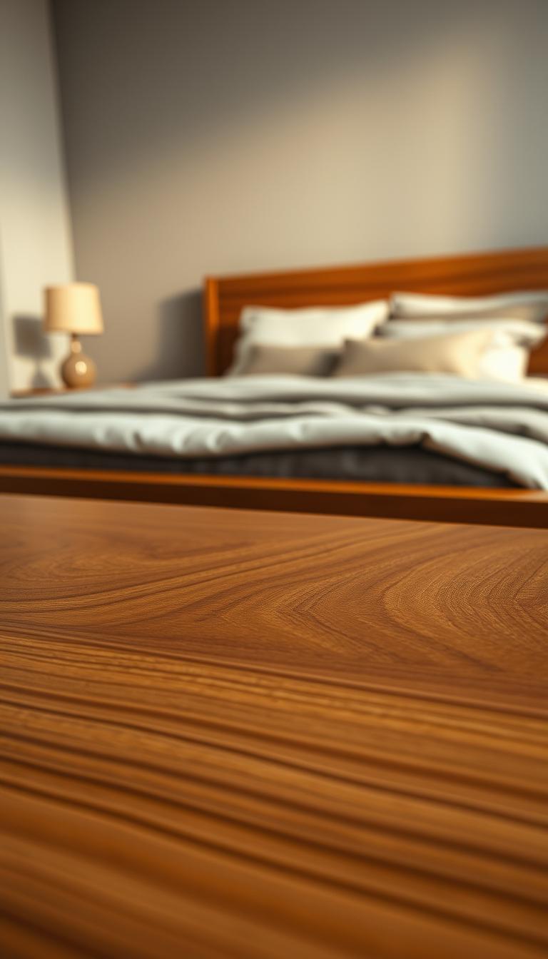 A close-up view of a beautifully crafted veneer surface, showcasing the rich wood grain and smooth finish, highlighting the intricate details of the material. In the foreground, focus on the texture of the veneer, capturing the sheen and subtle variations in color. The middle ground features a well-assembled Ikea queen bed frame made predominantly of veneer, elegantly styled with plush upholstery on the headboard, conveying both comfort and modern aesthetics. The background includes a softly lit bedroom setting with neutral tones, giving an inviting and cozy atmosphere. Soft, ambient lighting enhances the warmth of the wood, reflecting off the veneer to create a photorealistic effect. The angle is slightly above eye level, allowing for a clear view of the materials while maintaining a sense of depth and elegance.