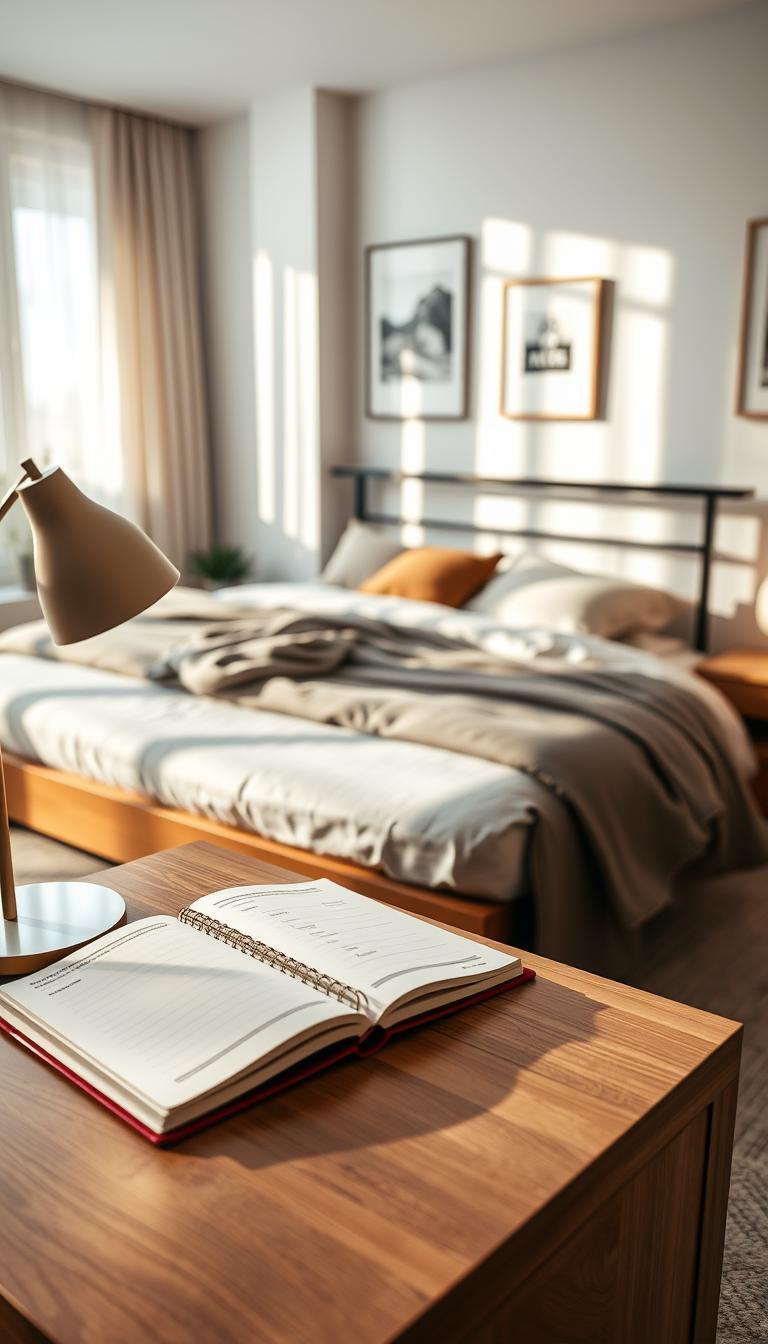 A close-up view of a stylish Ikea queen bed frame, prominently displayed in a modern, well-lit bedroom setting. The bed is made with neatly arranged, soft, neutral-toned bedding, enhancing the sense of comfort and value. In the foreground, a sleek wooden nightstand holds a stylish lamp and an open notebook with budgeting notes, symbolizing the price consideration. The middle ground features the bed, surrounding it with minimalistic decor, like a potted plant and subtle artwork on the walls that evoke a relaxed atmosphere. The background shows a softly colored wall with natural light streaming through a window, creating a warm, inviting ambiance. Capture this scene in high definition, with a focus on details, soft shadows, and a shallow depth of field for a refined and professional look.
