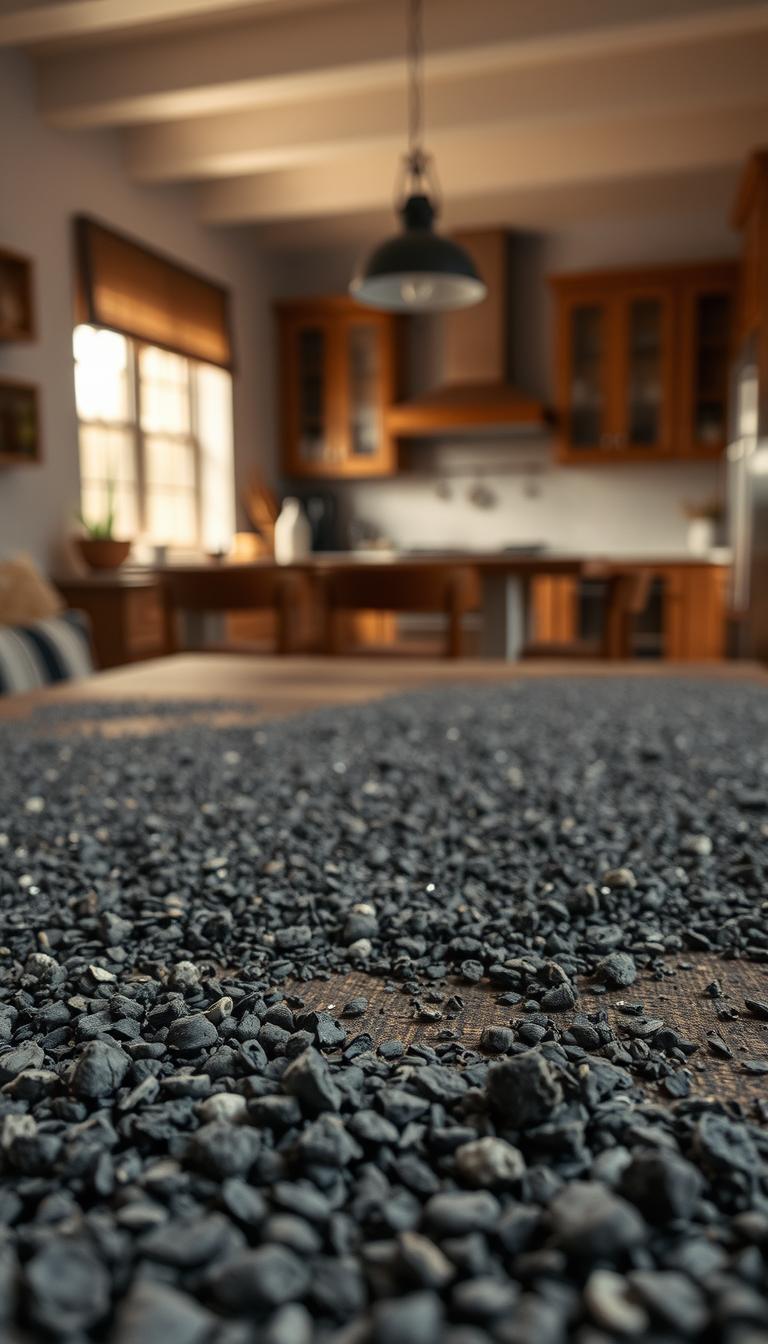 A close-up view of a textured surface representing "cracked pepper," featuring deep blacks and subtle hues of white and gray. In the foreground, the cracked pepper appears scattered with distinct granules and varying sizes, highlighting the natural irregularities. In the middle ground, a softly blurred wooden table enhances the organic feel. The background subtly transitions to a warm, inviting kitchen space, with soft, natural lighting coming from a nearby window, casting gentle shadows. The overall atmosphere is calming and sophisticated, embodying the essence of the Behr Cracked Pepper color. The image should be photorealistic and high definition, with an emphasis on texture and depth, creating a soothing and harmonious visual experience. A close-up view of a textured surface representing "cracked pepper," featuring deep blacks and subtle hues of white and gray. In the foreground, the cracked pepper appears scattered with distinct granules and varying sizes, highlighting the natural irregularities. In the middle ground, a softly blurred wooden table enhances the organic feel. The background subtly transitions to a warm, inviting kitchen space, with soft, natural lighting coming from a nearby window, casting gentle shadows. The overall atmosphere is calming and sophisticated, embodying the essence of the Behr Cracked Pepper color. The image should be photorealistic and high definition, with an emphasis on texture and depth, creating a soothing and harmonious visual experience.